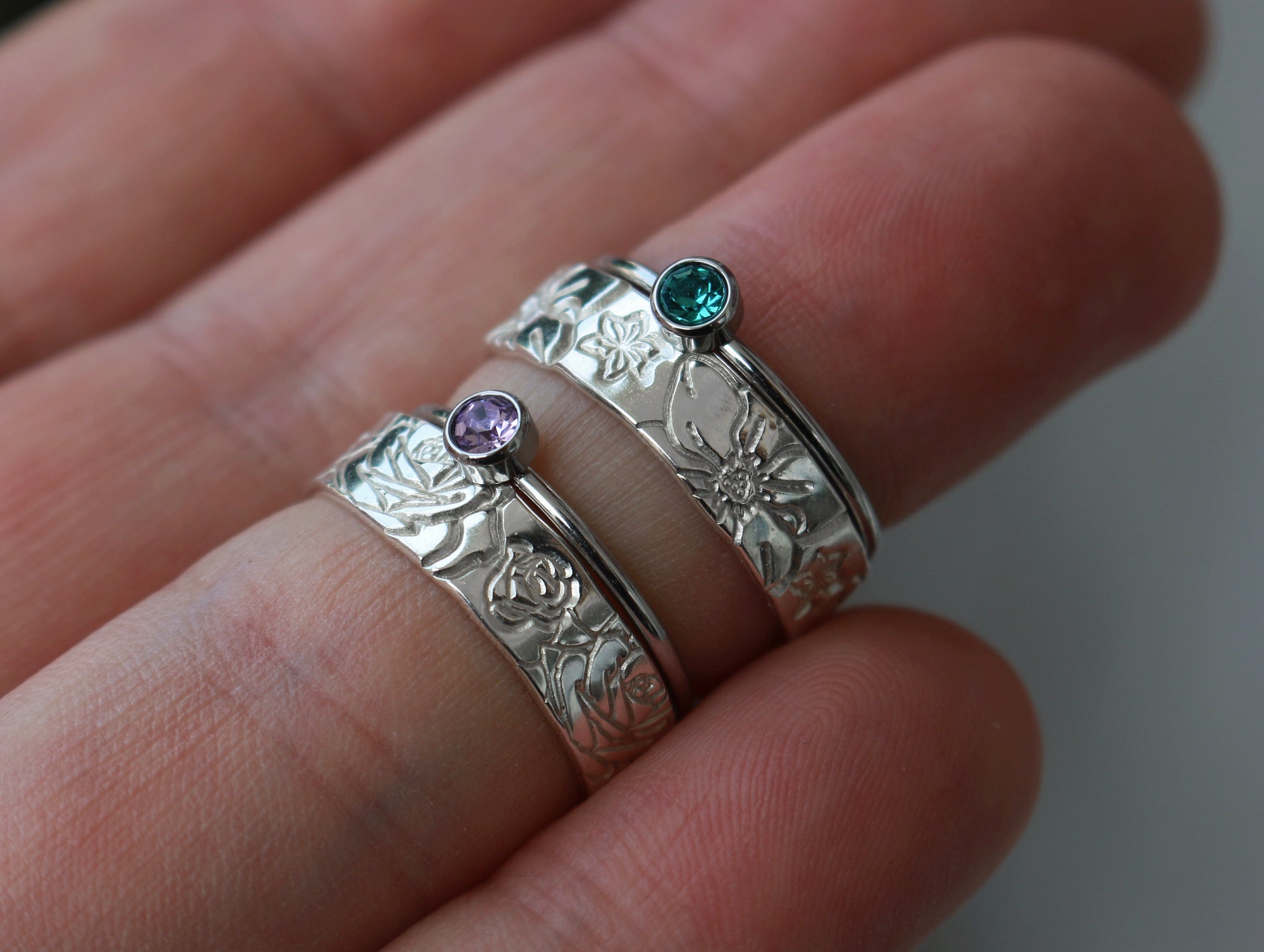 Birth Flower and Birthstone Stacking Ring Set - 2 Rings