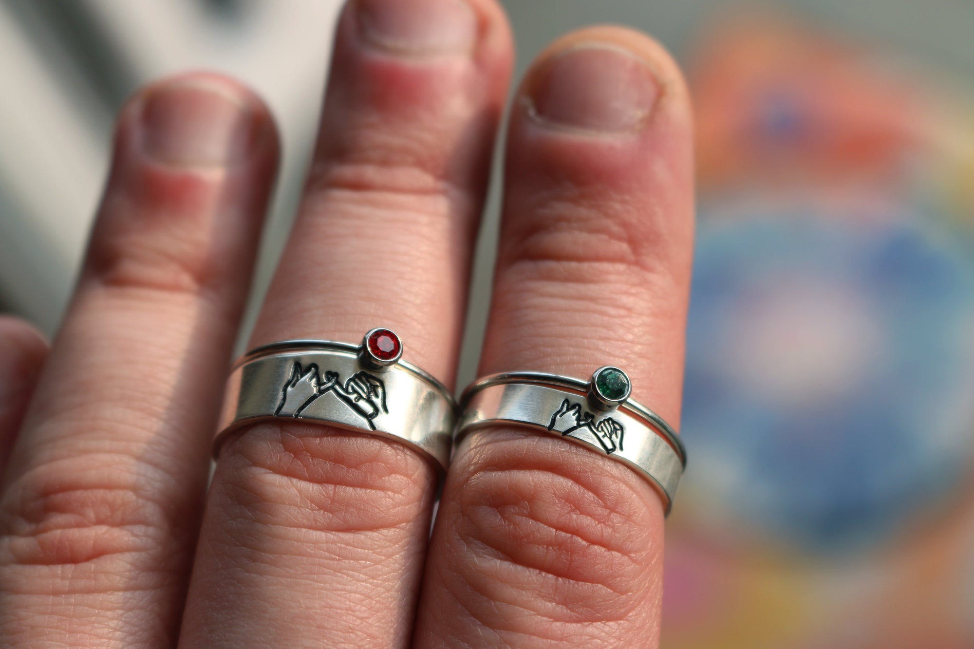 Thin and Wide Pinky Swear Ring Set - With Birthstone Stacking Rings