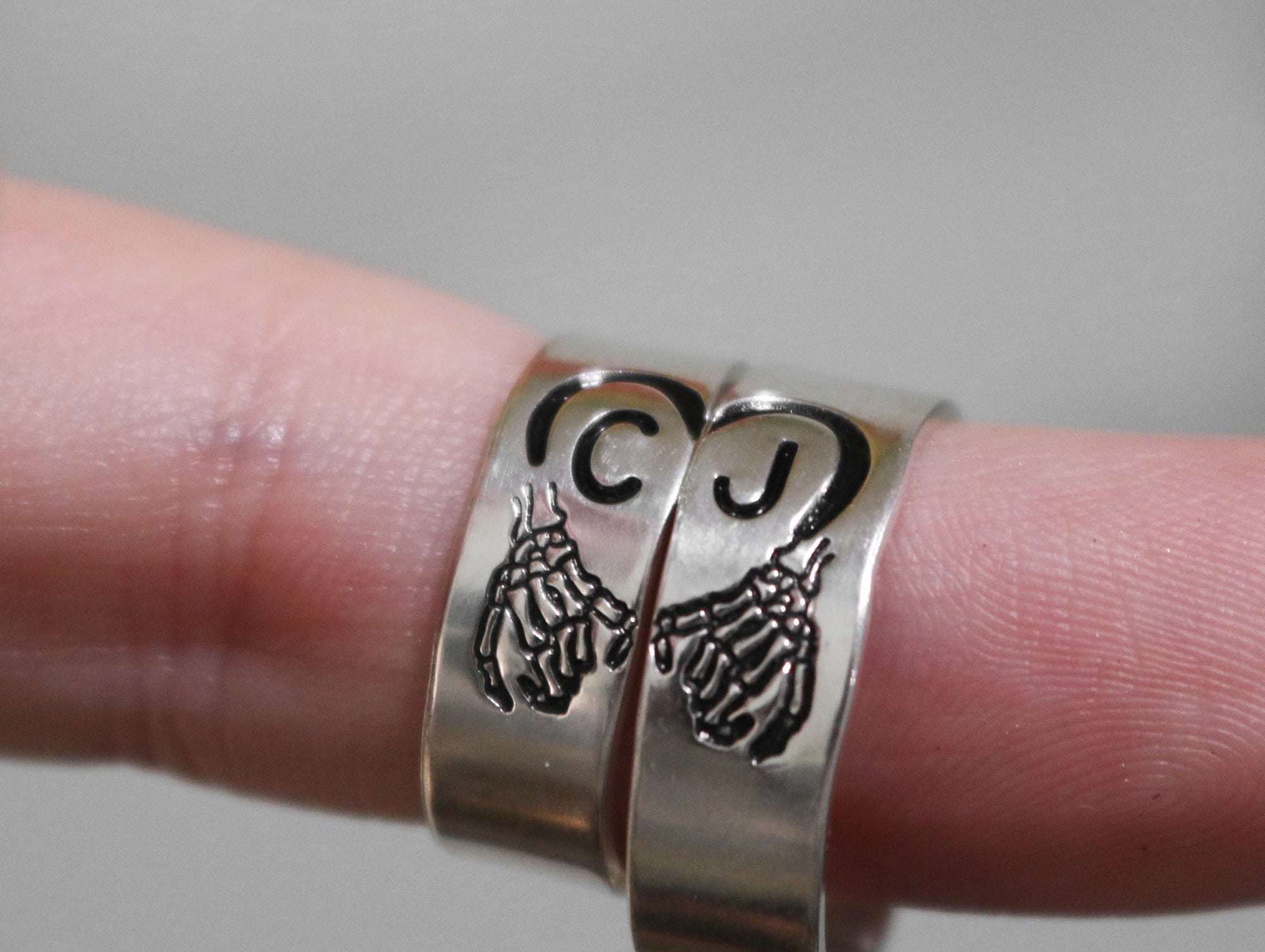 Skeleton Pinky Promise Couple Initial Ring Set