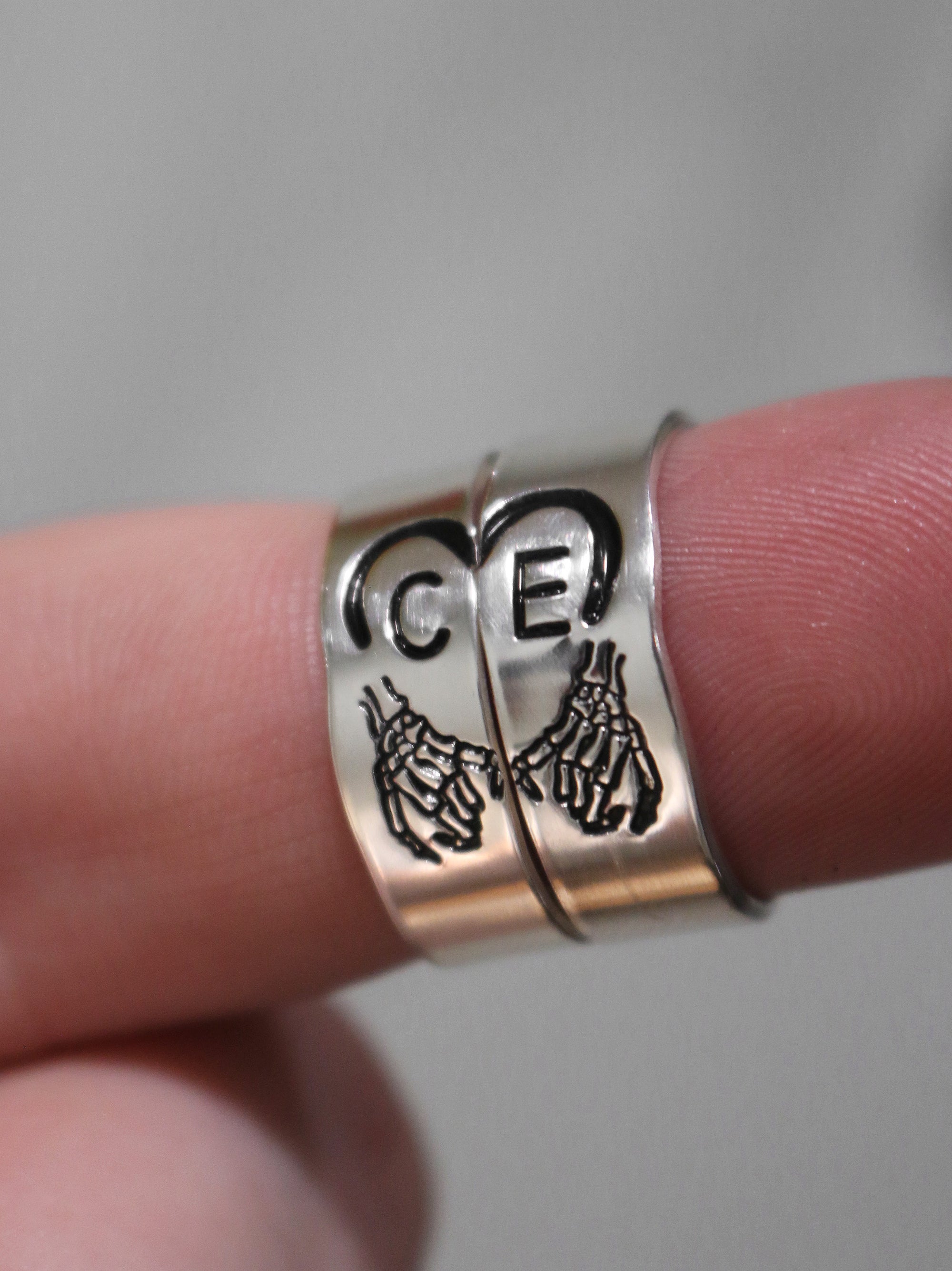 Skeleton Pinky Promise Couple Initial Ring Set