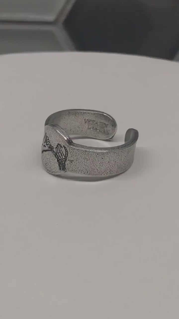 Rustic Skeleton Pinky Swear Signet Style Stacking Ring | Goth Pinky Promise Ring | Best Friend BFFs | Dainty Silver | Halloween Skeleton