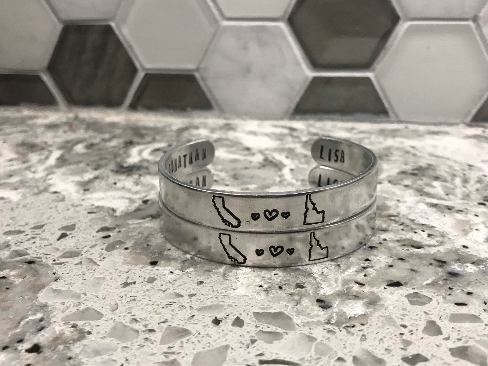 Long Distance Relationship State Stamped Aluminum Bangle | USA State To State | Couples Living Apart | Going Away | College Student Gift