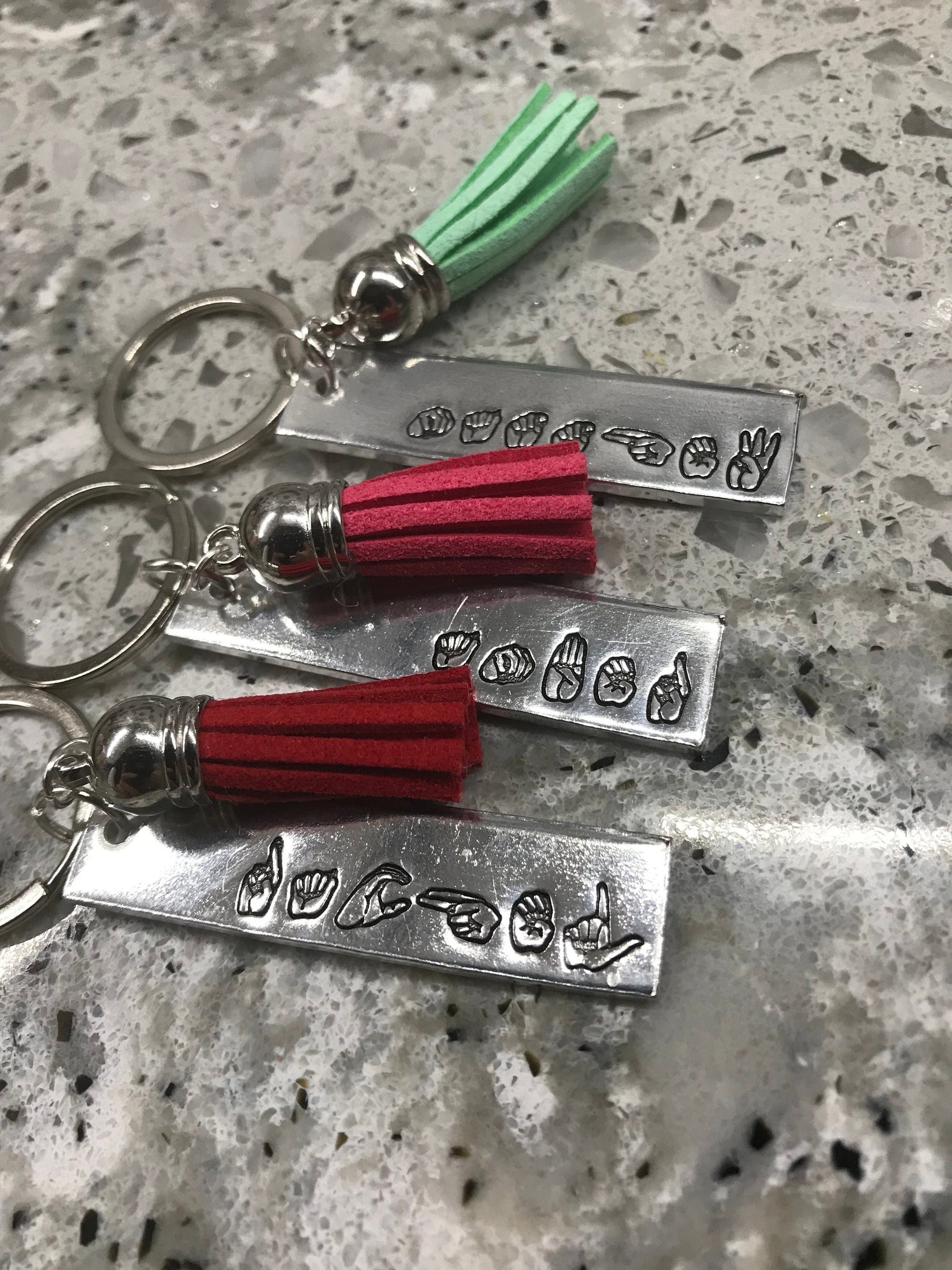 ASL Custom Name Tassel Keychain | American Sign Language Gift | ASL Fingerspelling | Name Sign Jewelry | Finger Alphabet | Interpret