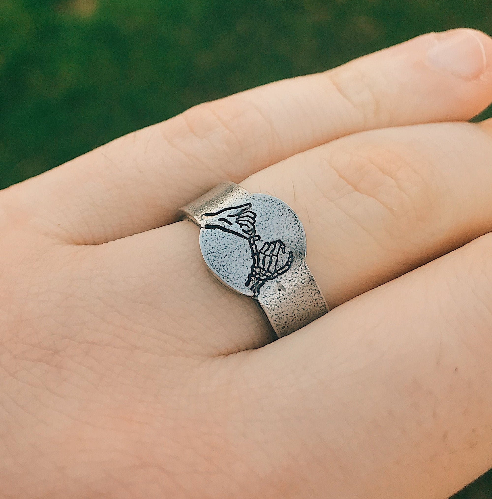 Rustic Skeleton Pinky Swear Signet Style Stacking Ring | Goth Pinky Promise Ring | Best Friend BFFs | Dainty Silver | Halloween Skeleton
