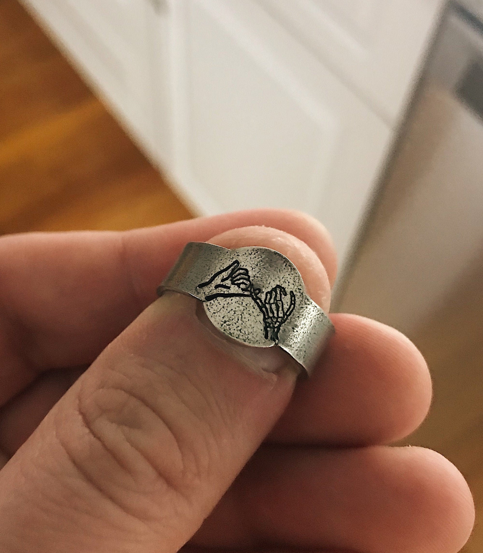 Rustic Skeleton Pinky Swear Signet Style Stacking Ring | Goth Pinky Promise Ring | Best Friend BFFs | Dainty Silver | Halloween Skeleton