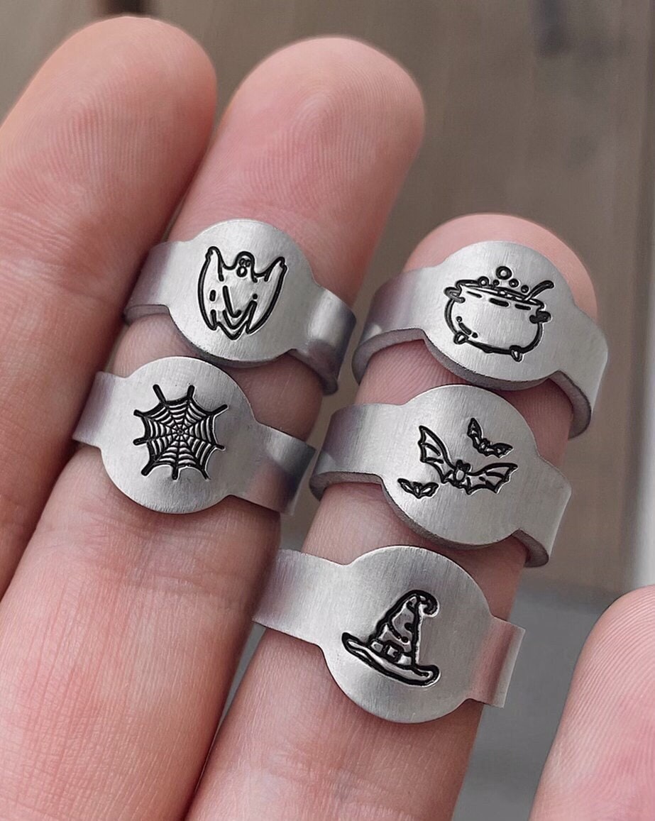 5 DESIGNS: Rustic Halloween Signet Ring | Halloween Jewelry | Witch, Bat, Ghost, Spider Web, Cauldron Jewelry | Halloween Ring