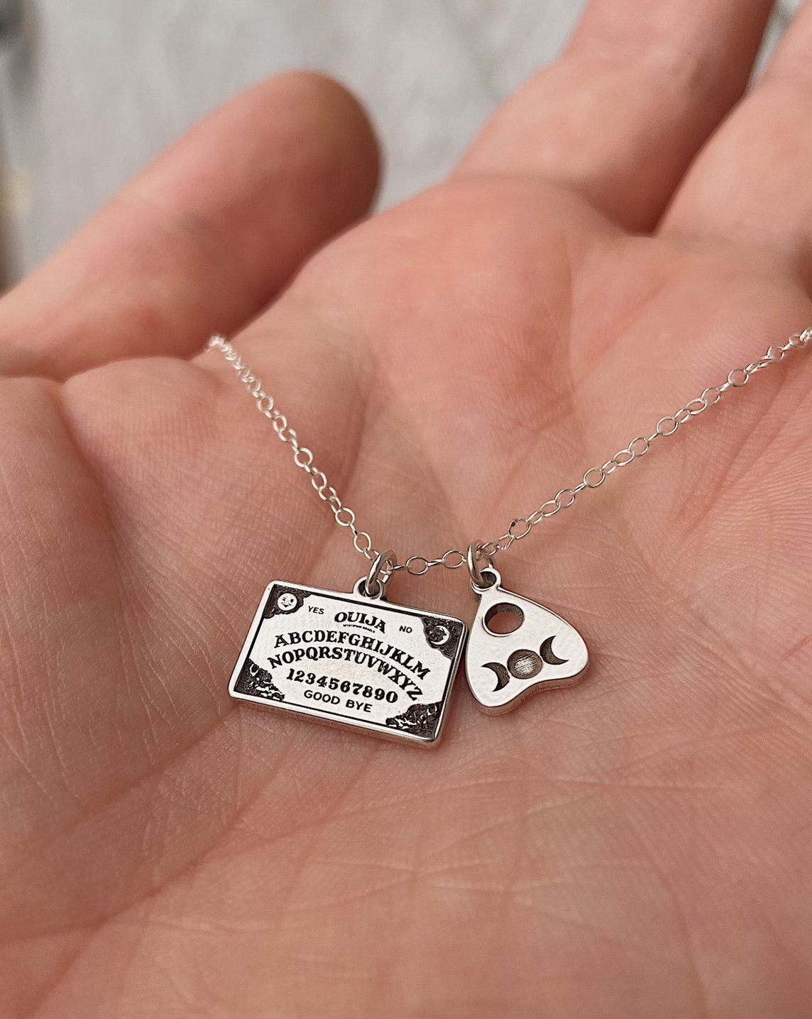 Dainty Ouija Board & Planchette Sterling Silver Charm Necklace | Best Friend Birthday Gift | Witch Necklace | Celestial Mystic Jewelry