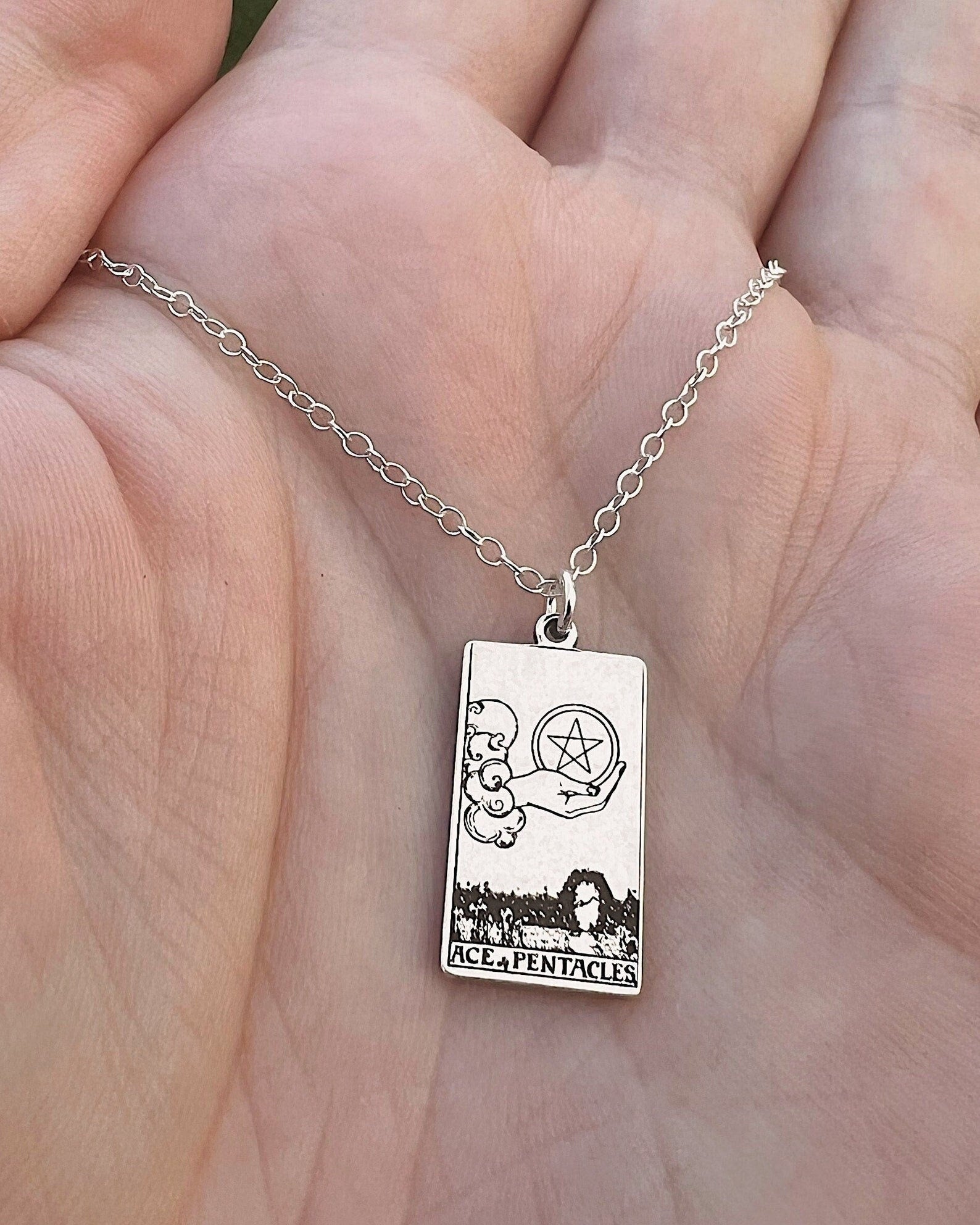 Ace of Pentacles Tarot Card Necklace - Sterling Silver