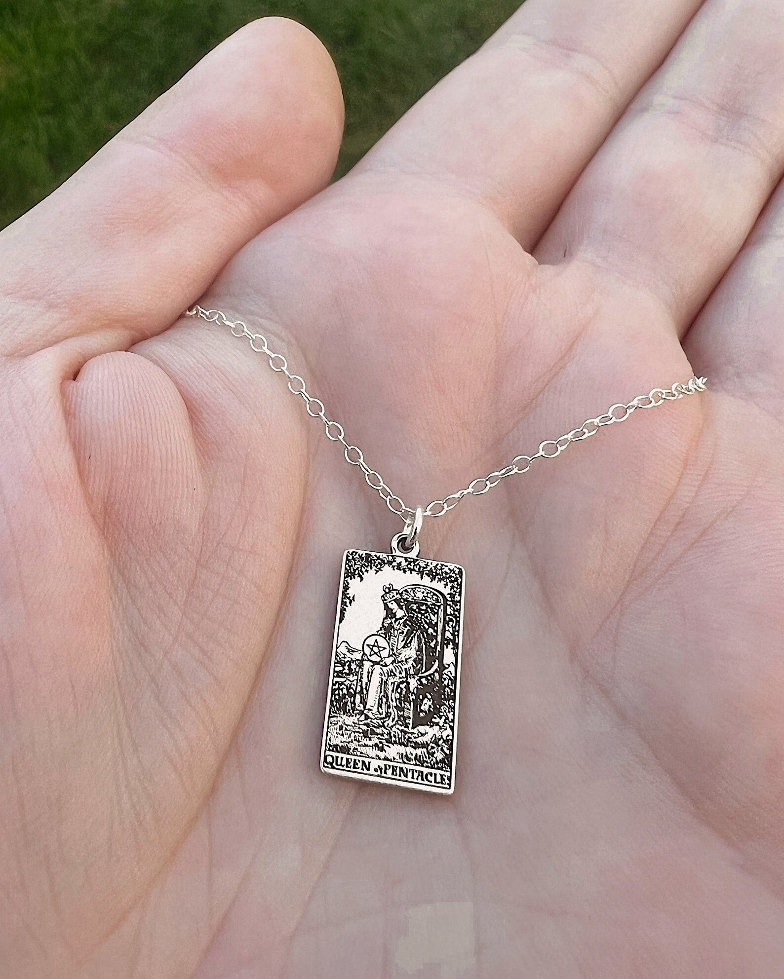 Queen of Pentacles Tarot Card Necklace - Sterling Silver