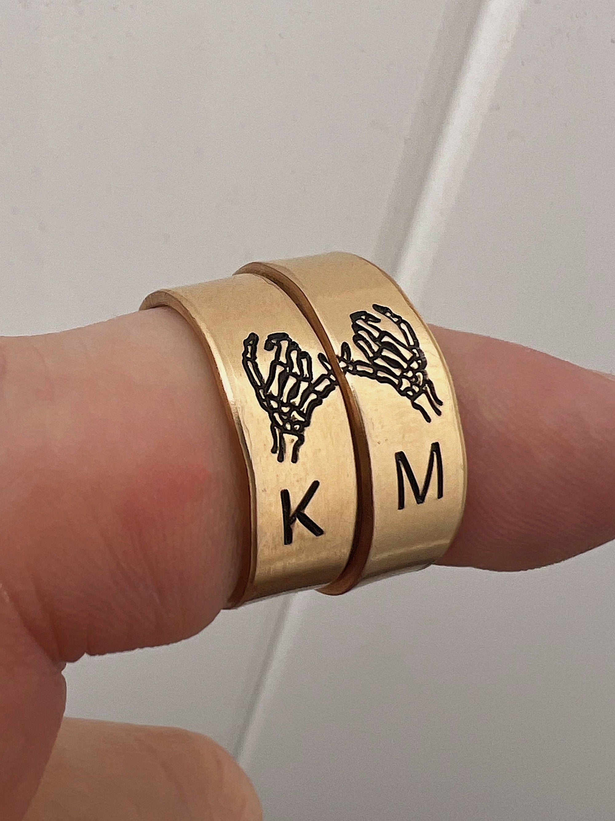 Matching 2 Ring Custom Initials & Font Double Skeleton Pinky Swear Stacking Ring Set | Dainty Silver Ring | Best Friend Birthday Gift