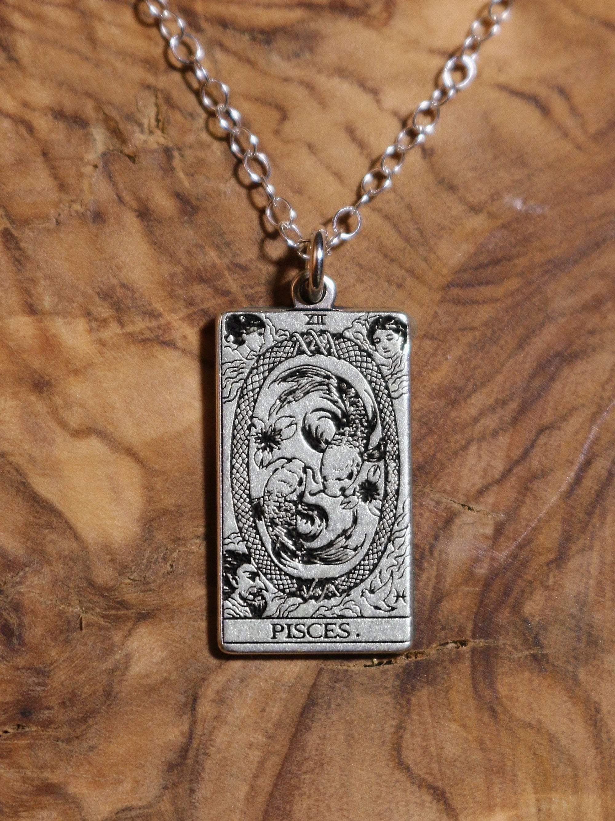 Pisces The World Tarot Card Inspired Zodiac Necklace - Sterling Silver