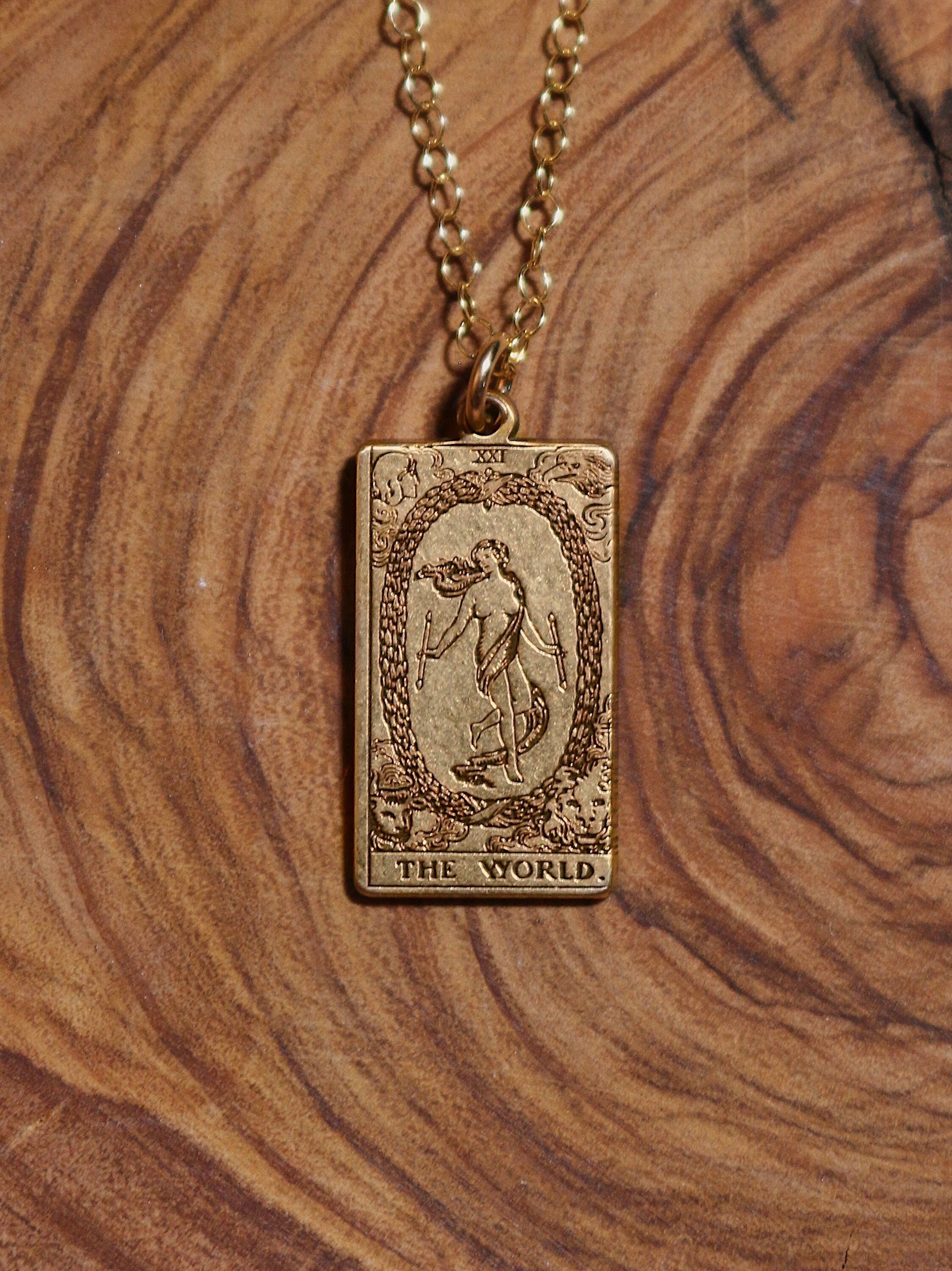 The World Tarot Card Necklace - Gold Filled