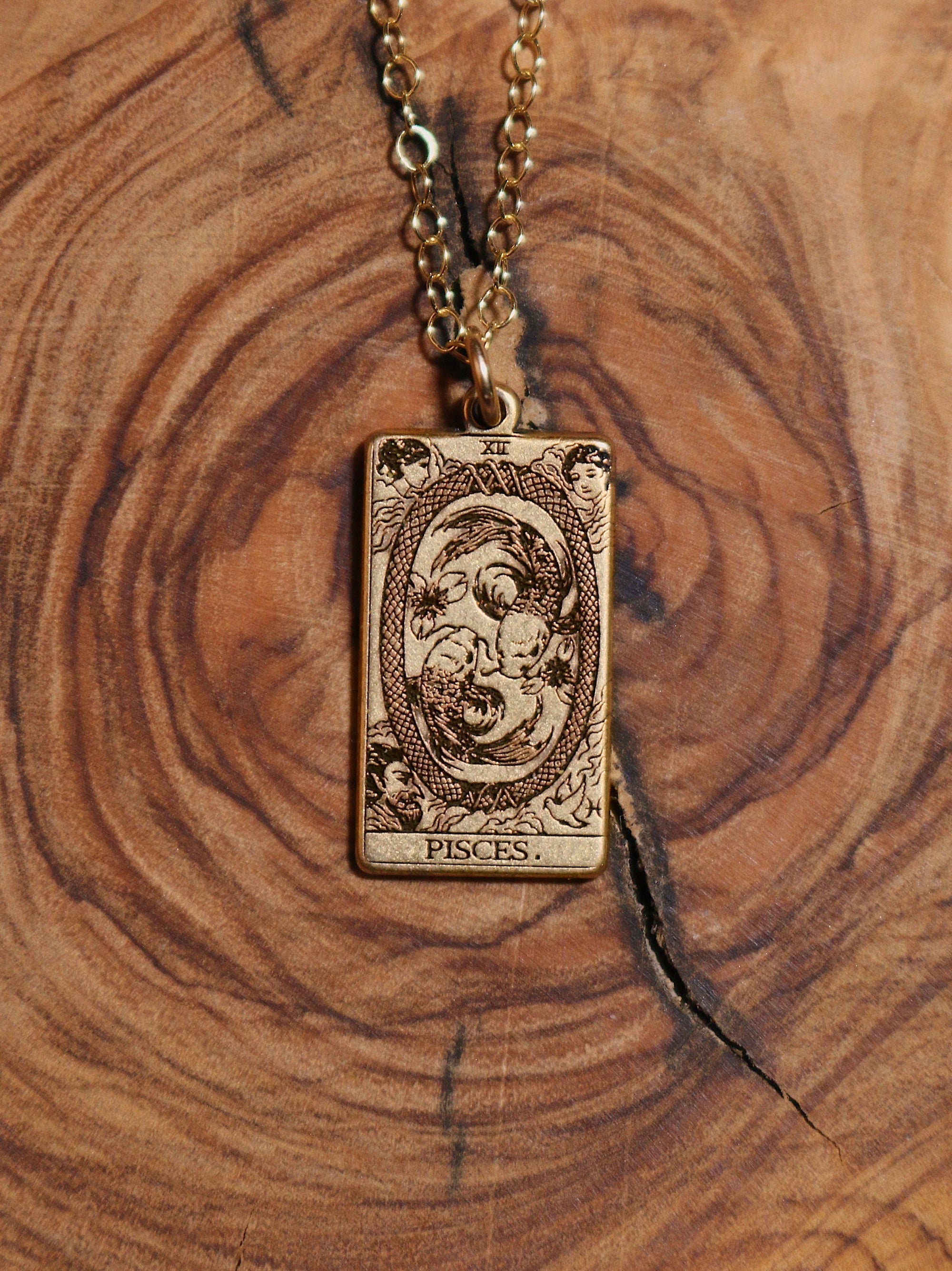 Pisces The World Tarot Card Inspired Zodiac Necklace - Gold Filled