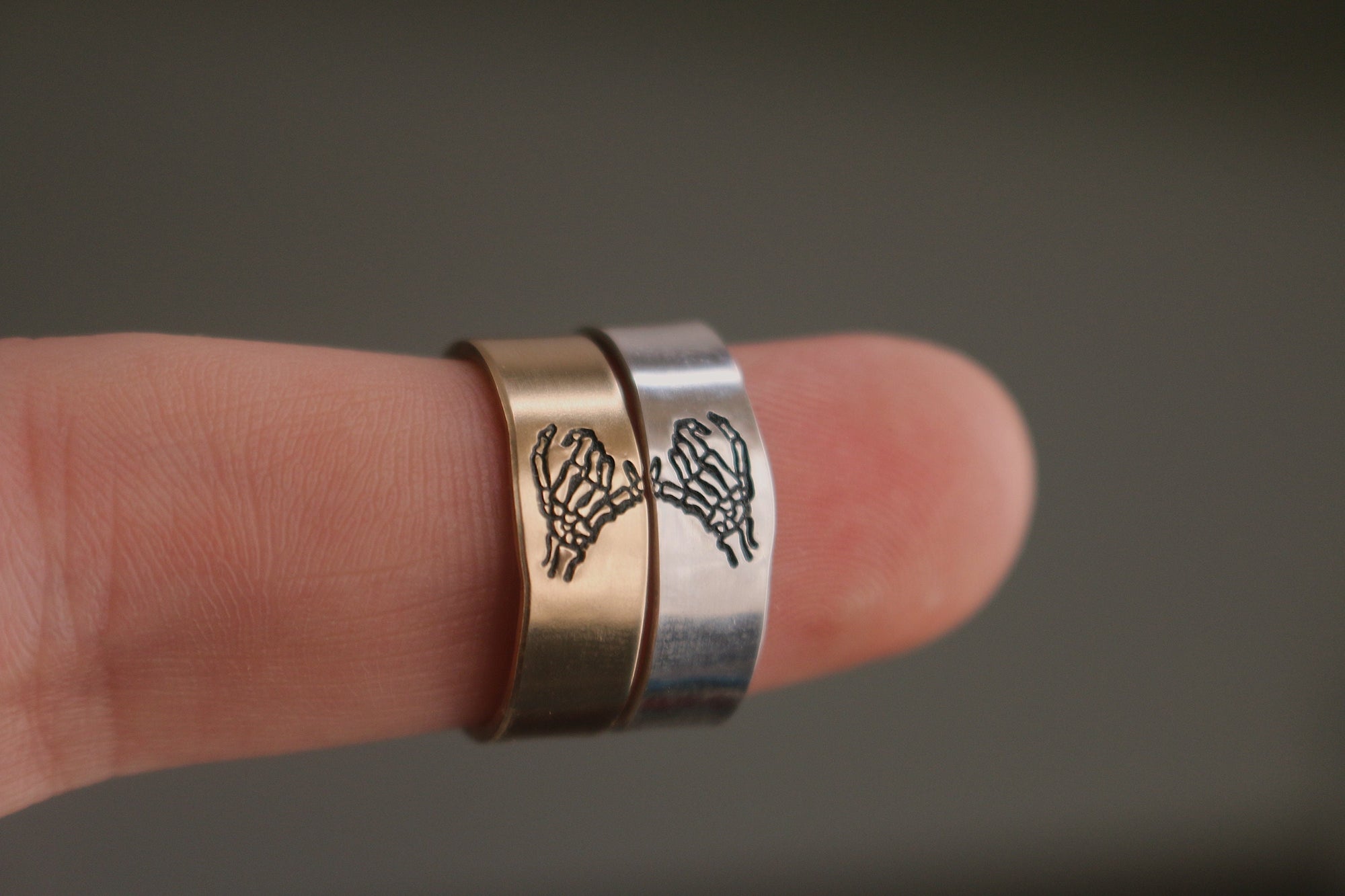 One Gold Filled, One Fine Silver Double Skeleton Pinky Swear Stacking Adjustable Ring Set | Best Friend Birthday Gift | Couples Rings