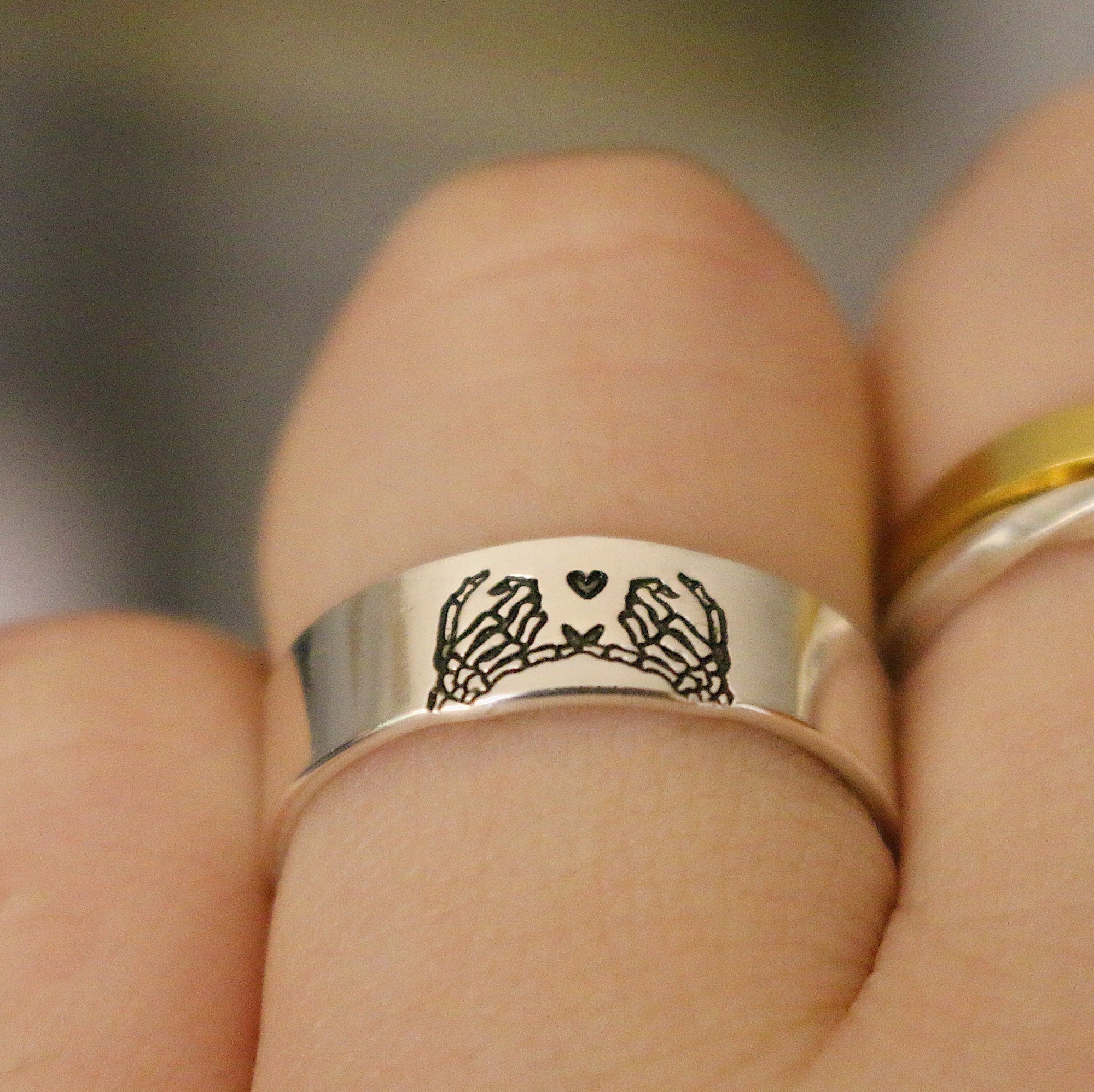 Double Skeleton Pinky Swear Heart Ring | Best Friend Birthday Gift | Promise Ring for Couples | Goth Friendship Ring | Everyday Jewelry