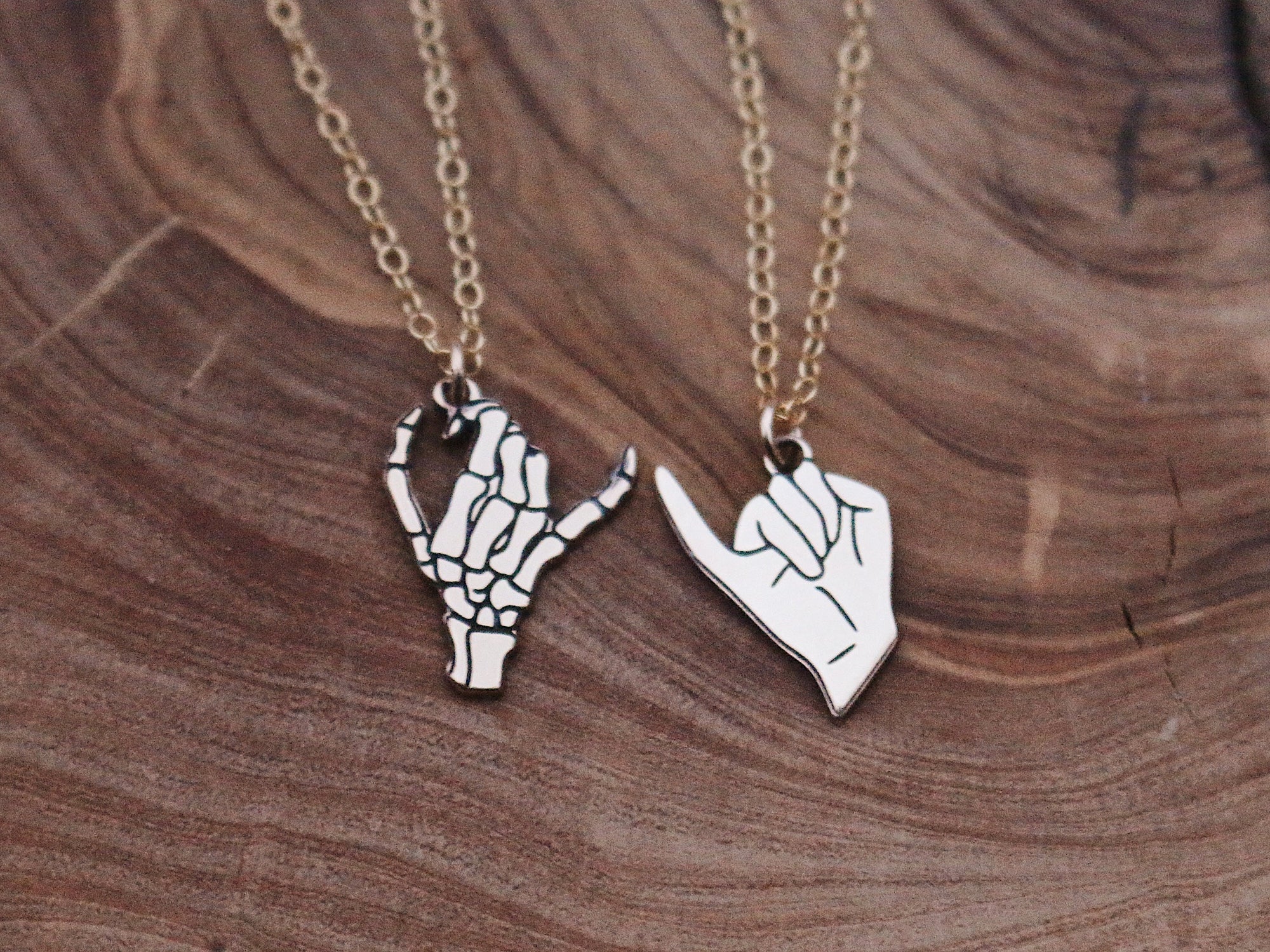 Matching 2 Necklace Gold Filled Skeleton Pinky Swear Necklace Set | Best Friend Gift | Pinky Promise Couples Jewelry | Matching Gift for Her