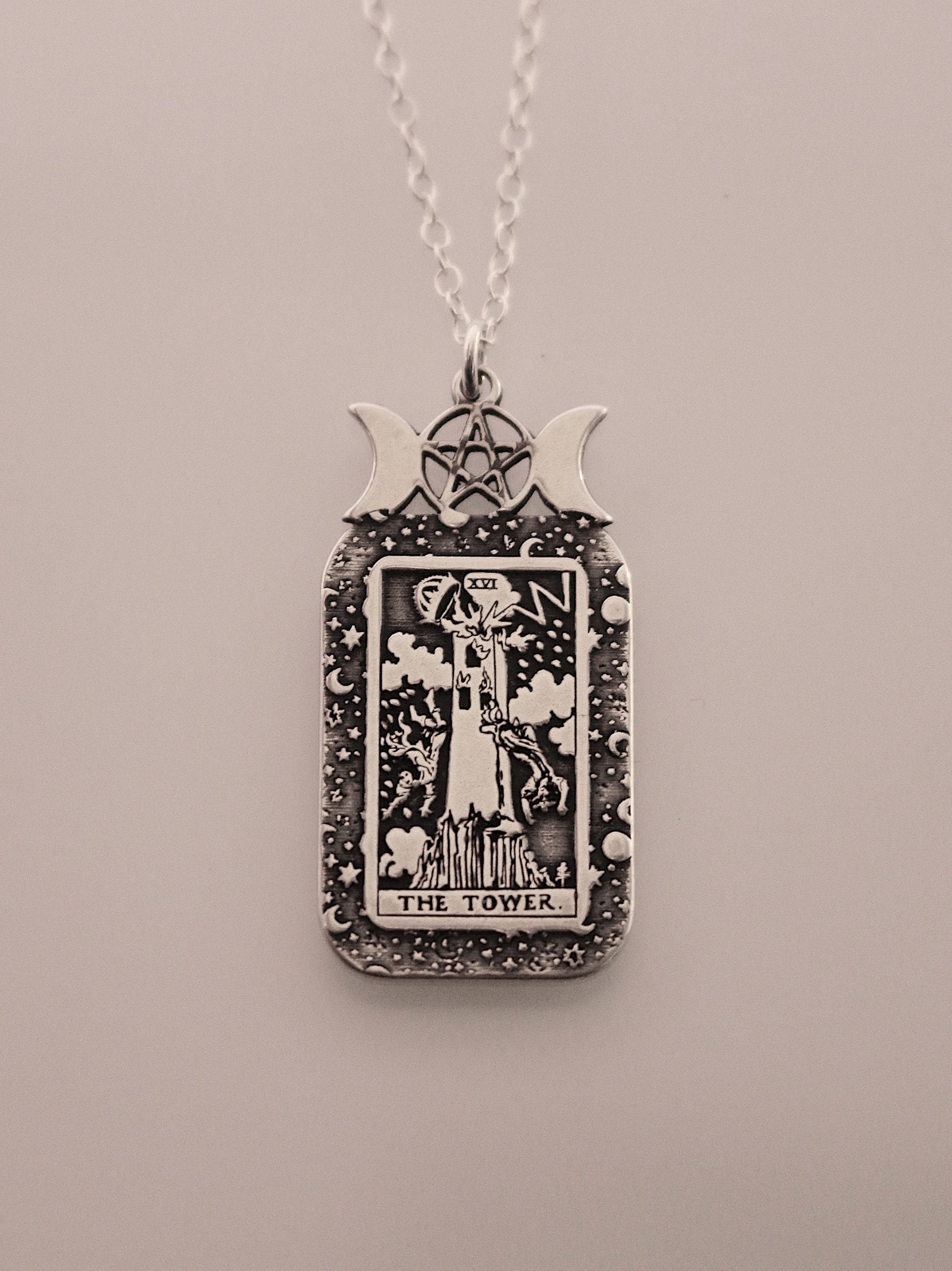 The Tower Tarot Card Necklace | Best Friend Birthday Gift | Tarot Card Necklace | Celestial Triple Moon Goddess Jewelry | Witch Necklace