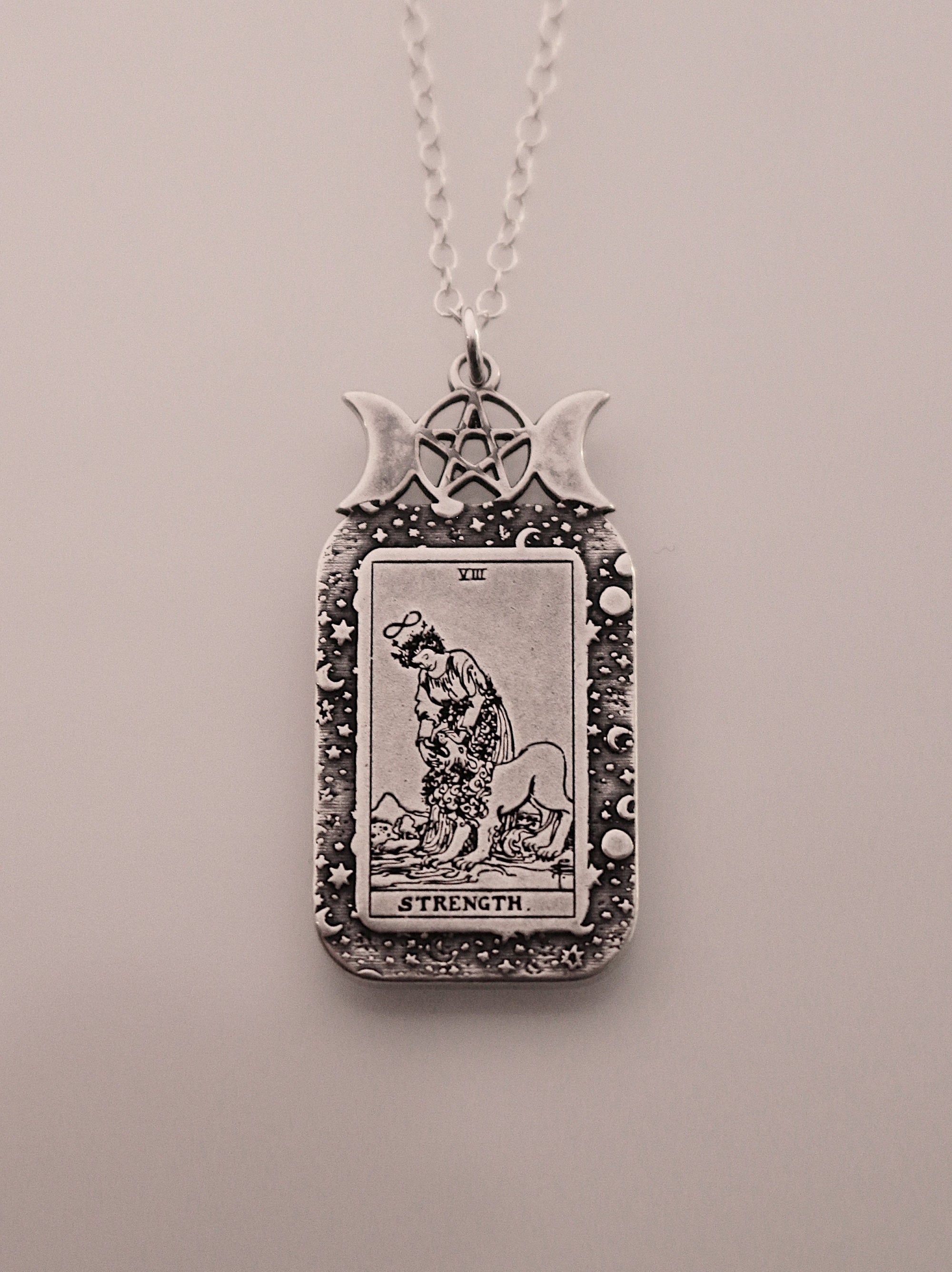 Strength Tarot Card Necklace | Best Friend Birthday Gift | Tarot Card Necklace | Celestial Triple Moon Goddess Jewelry | Witch Necklace