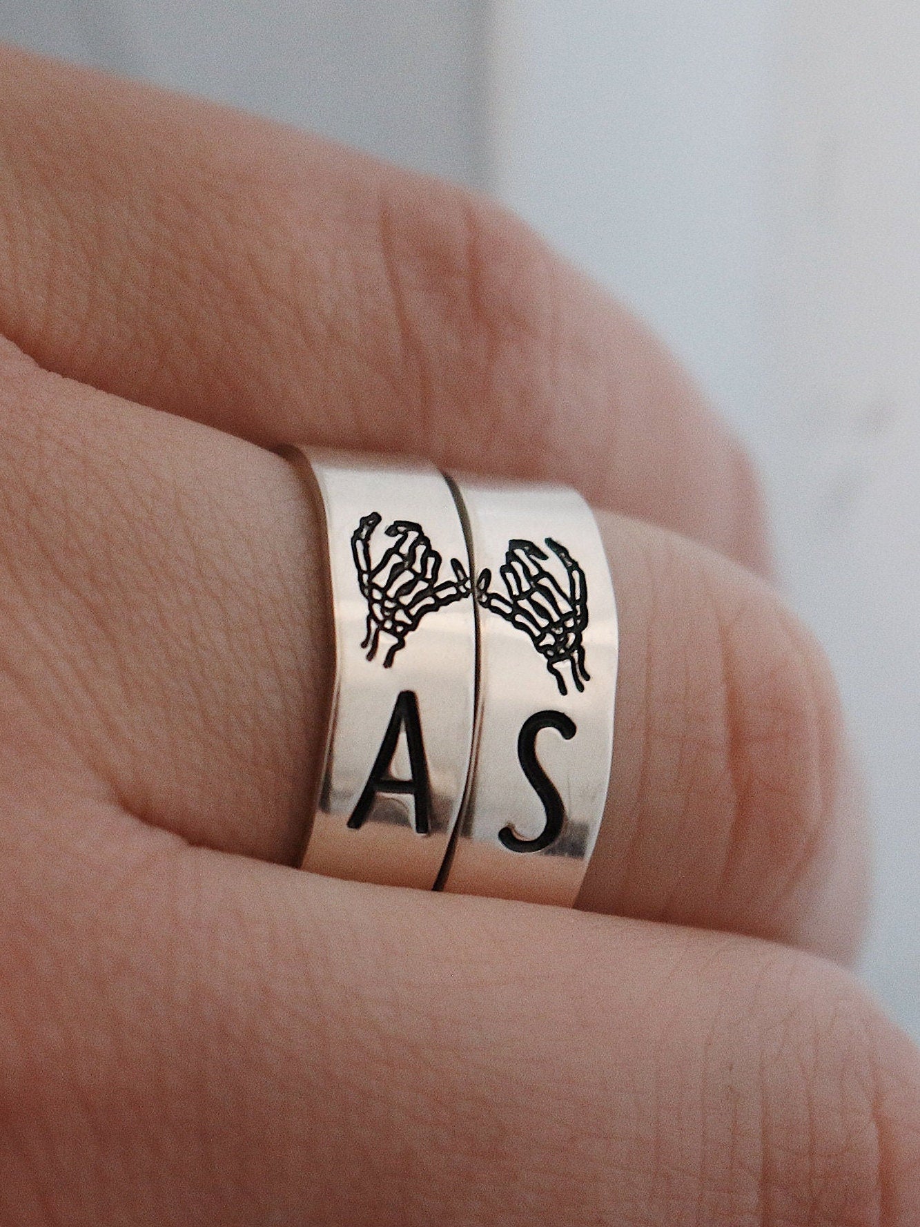 Matching 2 Ring Custom Initials & Font Double Skeleton Pinky Swear Stacking Ring Set | Dainty Silver Ring | Best Friend Birthday Gift