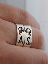 Matching 2 Ring Custom Initials & Font Double Skeleton Pinky Swear Stacking Ring Set | Dainty Silver Ring | Best Friend Birthday Gift