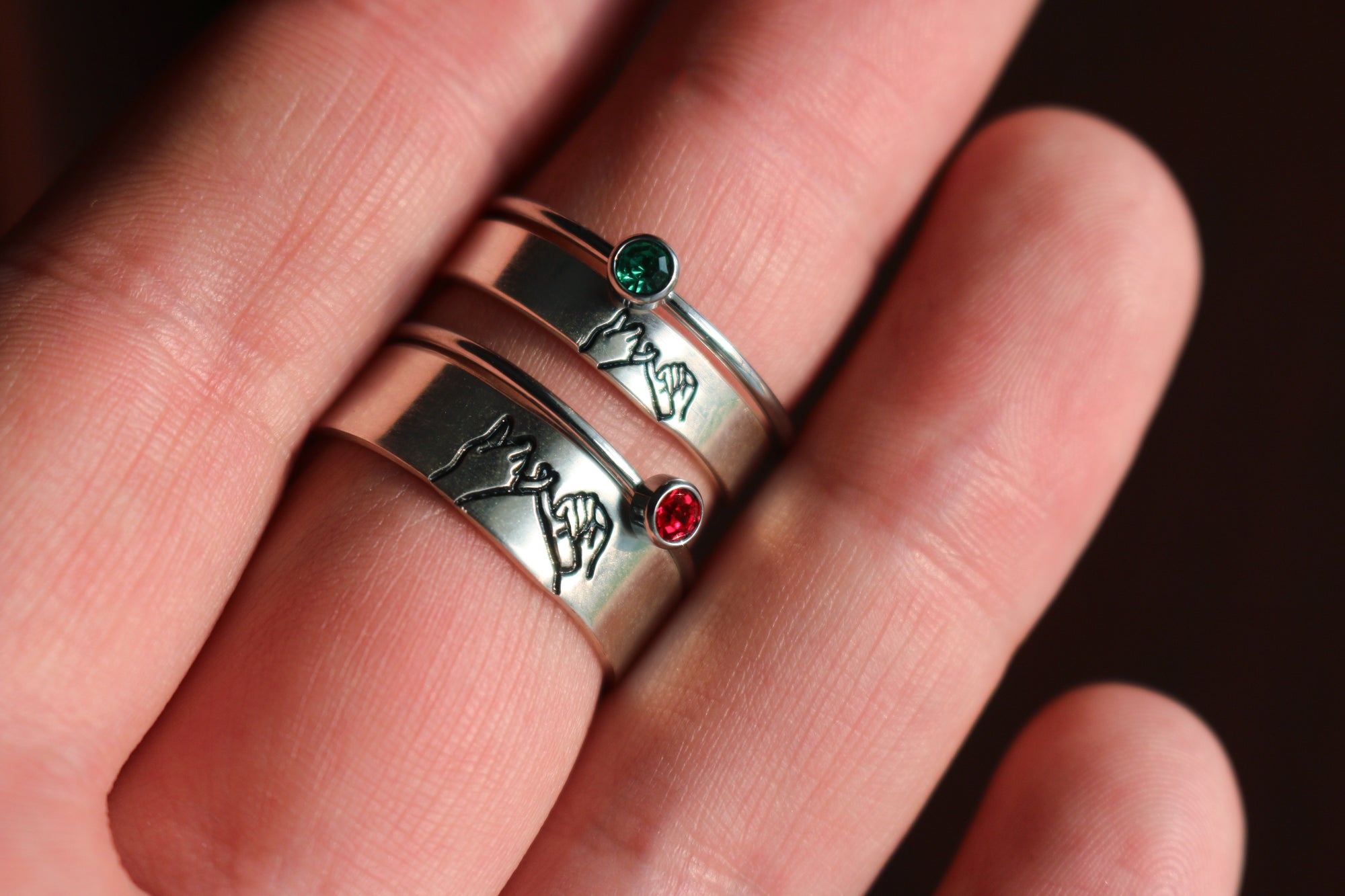 Thin and Wide Pinky Swear Ring Set - With Birthstone Stacking Rings