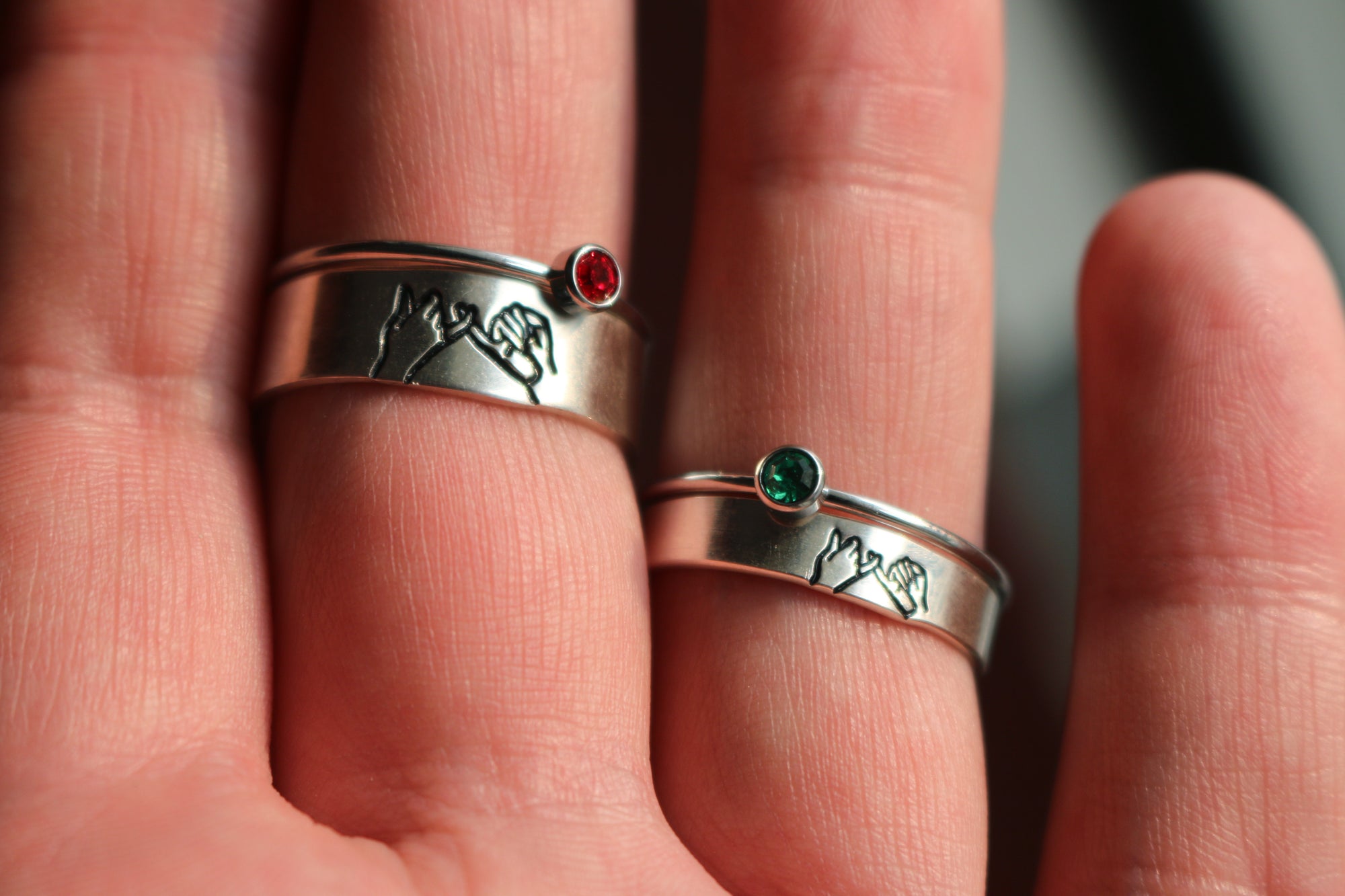 Thin and Wide Pinky Swear Ring Set - With Birthstone Stacking Rings