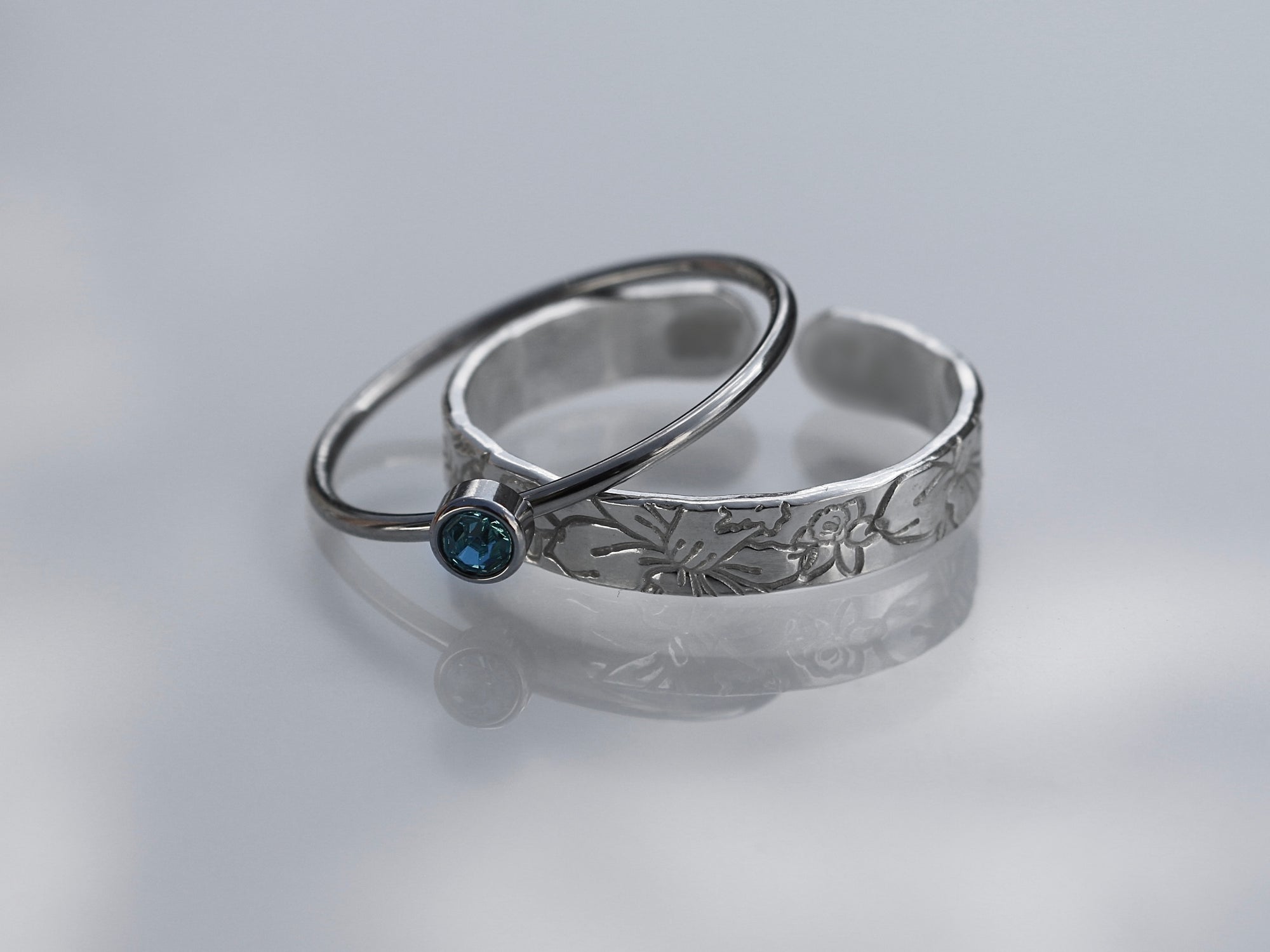 Birth Flower and Birthstone Stacking Ring Set - 2 Rings