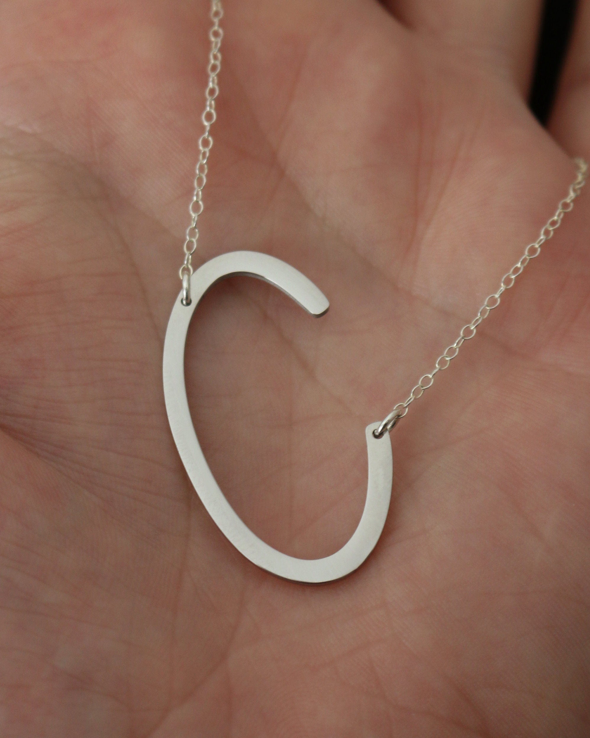 Silver Large Letter Necklace | Big Initial Necklace | Sideways Initial | Oversized Name Necklace | Monogram Statement Layering Necklace