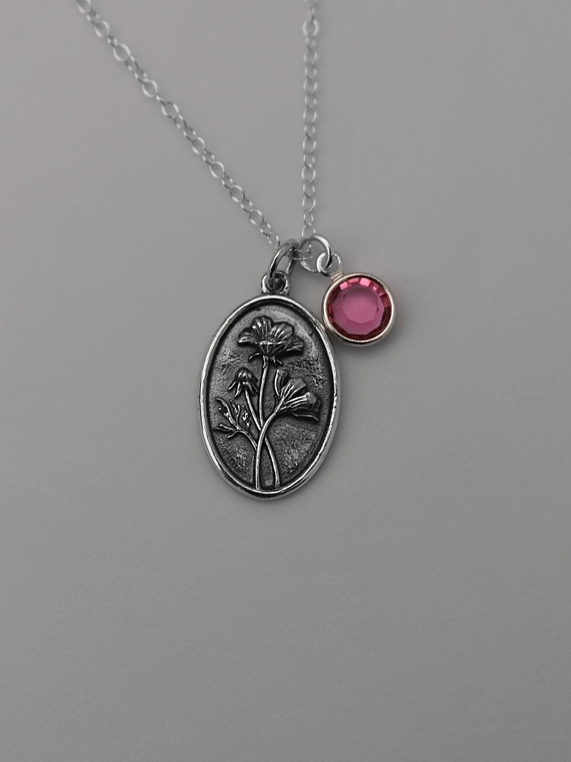 October Birth Flower Necklace Medallion | Birth Flower Jewelry | Cosmos | Birth Month Flower | Birthstone Necklace | Best Friend Birthday