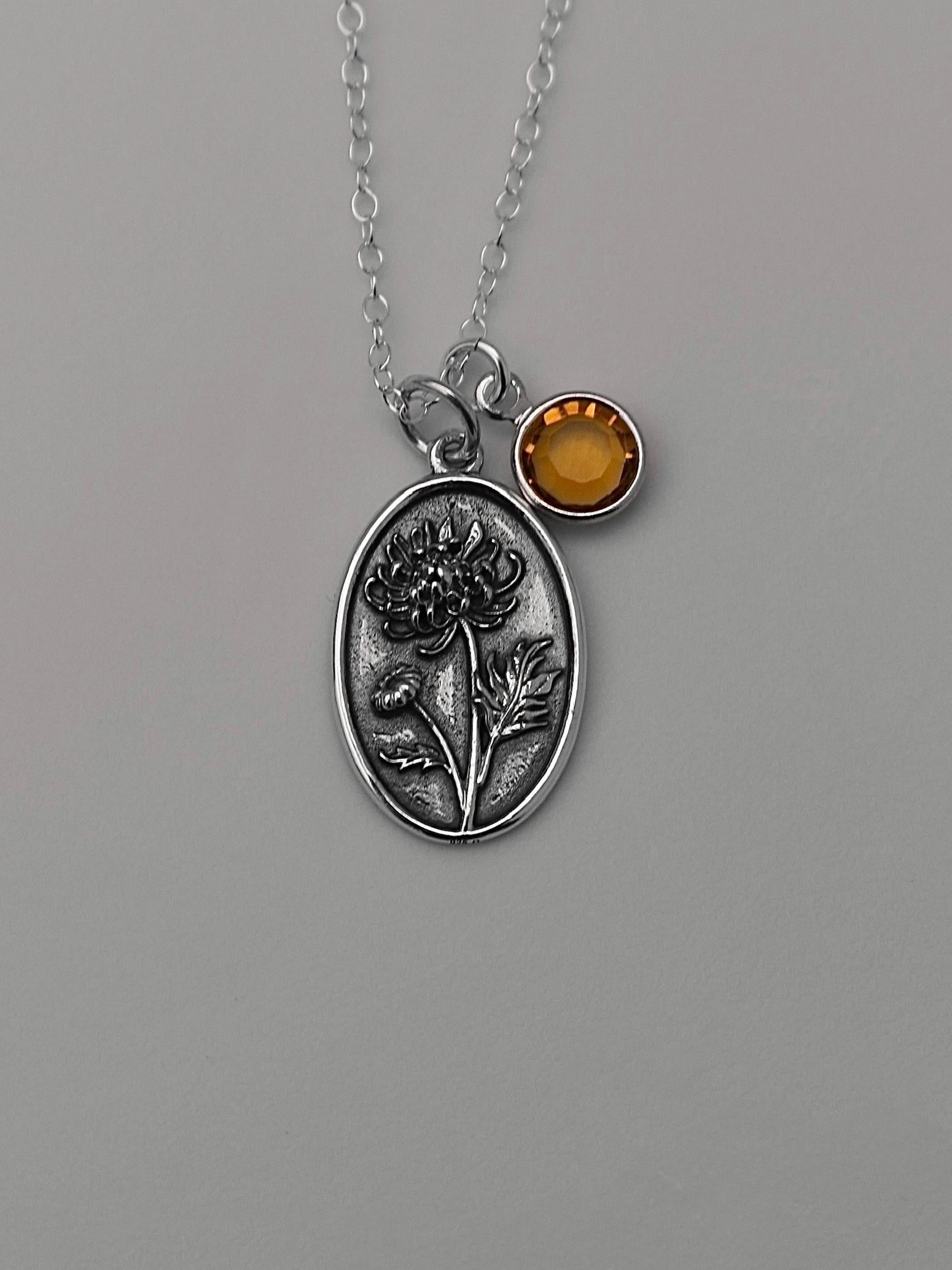 November Birth Flower Necklace Medallion | Birth Flower Jewelry | Chrysanthemum | Birth Month Flower | Birthstone Necklace | Friend Birthday