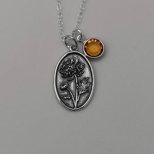 November Birth Flower Necklace Medallion | Birth Flower Jewelry | Chrysanthemum | Birth Month Flower | Birthstone Necklace | Friend Birthday