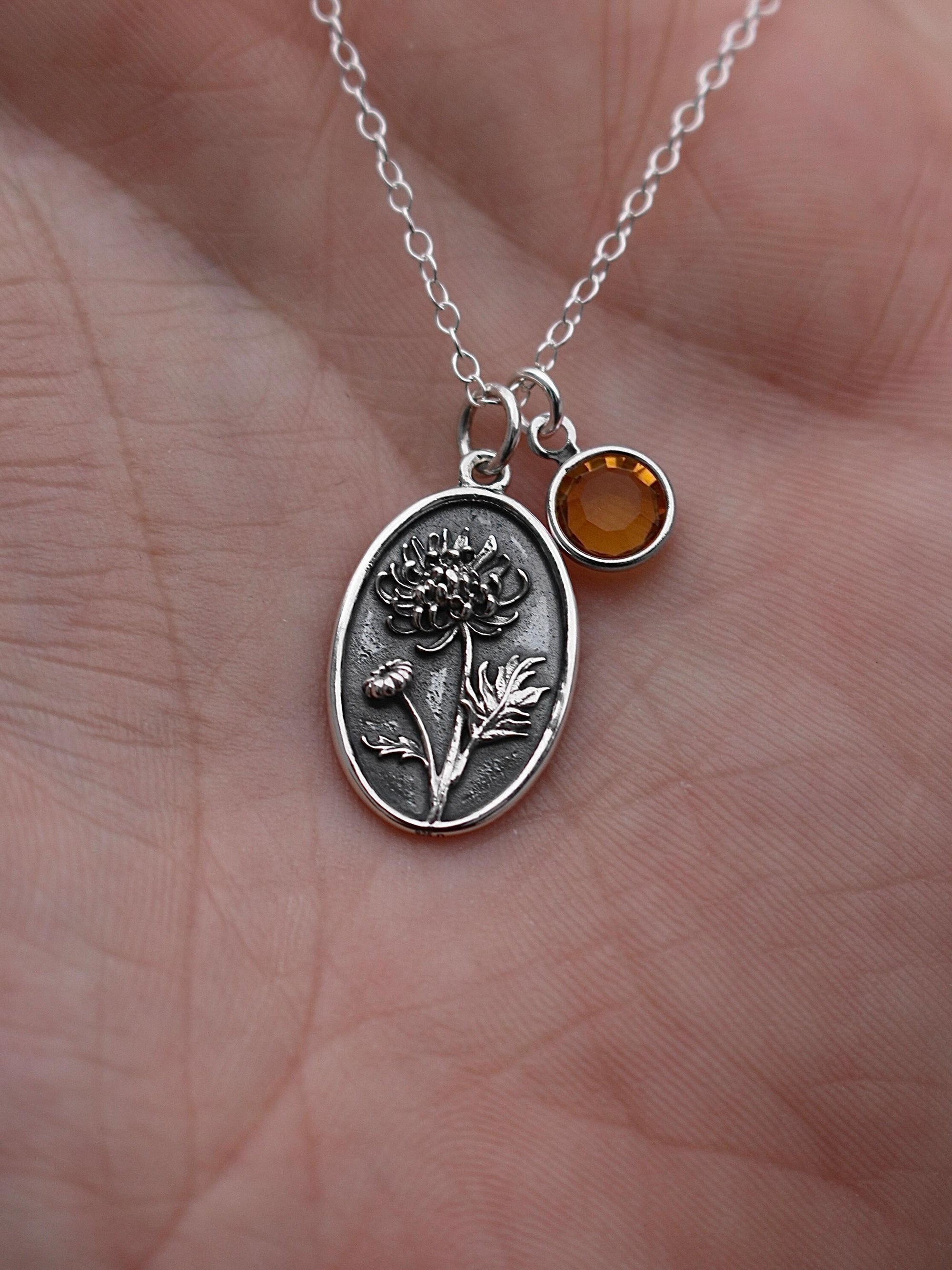 November Birth Flower Necklace Medallion | Birth Flower Jewelry | Chrysanthemum | Birth Month Flower | Birthstone Necklace | Friend Birthday