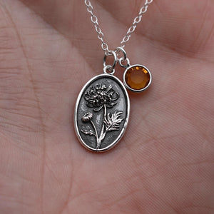 November Birth Flower Necklace Medallion | Birth Flower Jewelry | Chrysanthemum | Birth Month Flower | Birthstone Necklace | Friend Birthday