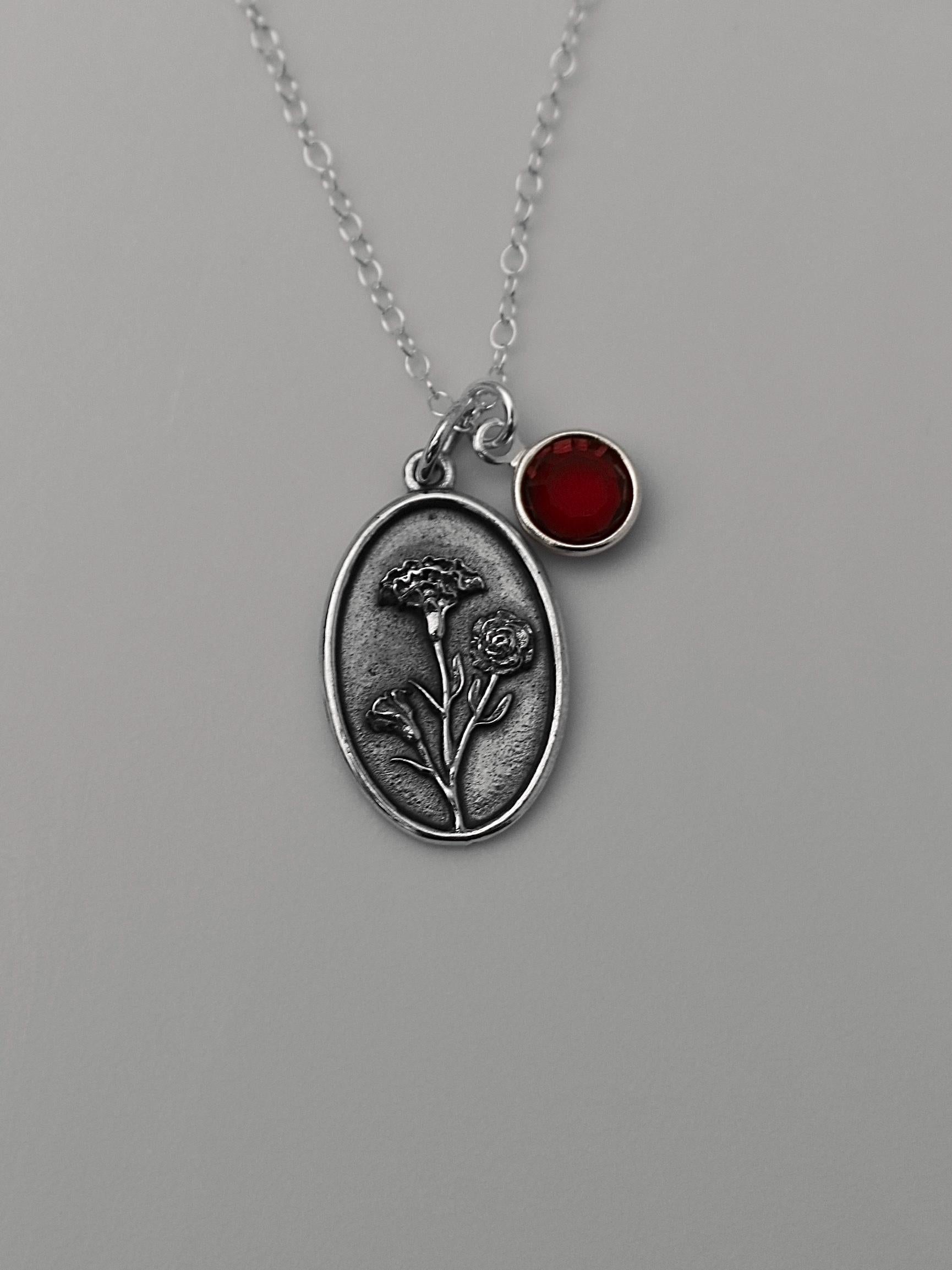 January Birth Flower Necklace Medallion | Birth Flower Jewelry | Carnation | Birth Month Flower | Birthstone Necklace | Best Friend Birthday