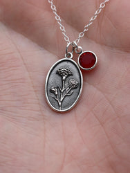 January Birth Flower Necklace Medallion | Birth Flower Jewelry | Carnation | Birth Month Flower | Birthstone Necklace | Best Friend Birthday