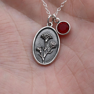 January Birth Flower Necklace Medallion | Birth Flower Jewelry | Carnation | Birth Month Flower | Birthstone Necklace | Best Friend Birthday