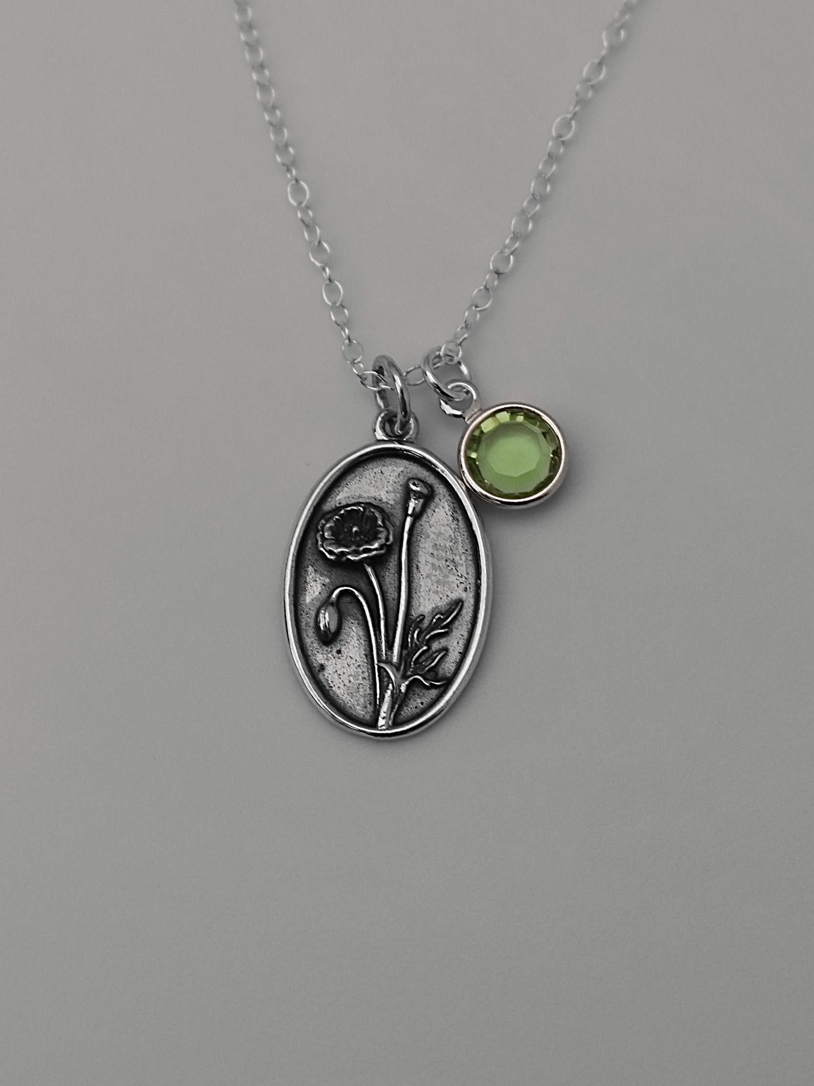 August Birth Flower Necklace Medallion | Birth Flower Jewelry | Poppy | Birth Month Flower | Birthstone Necklace | Best Friend Birthday