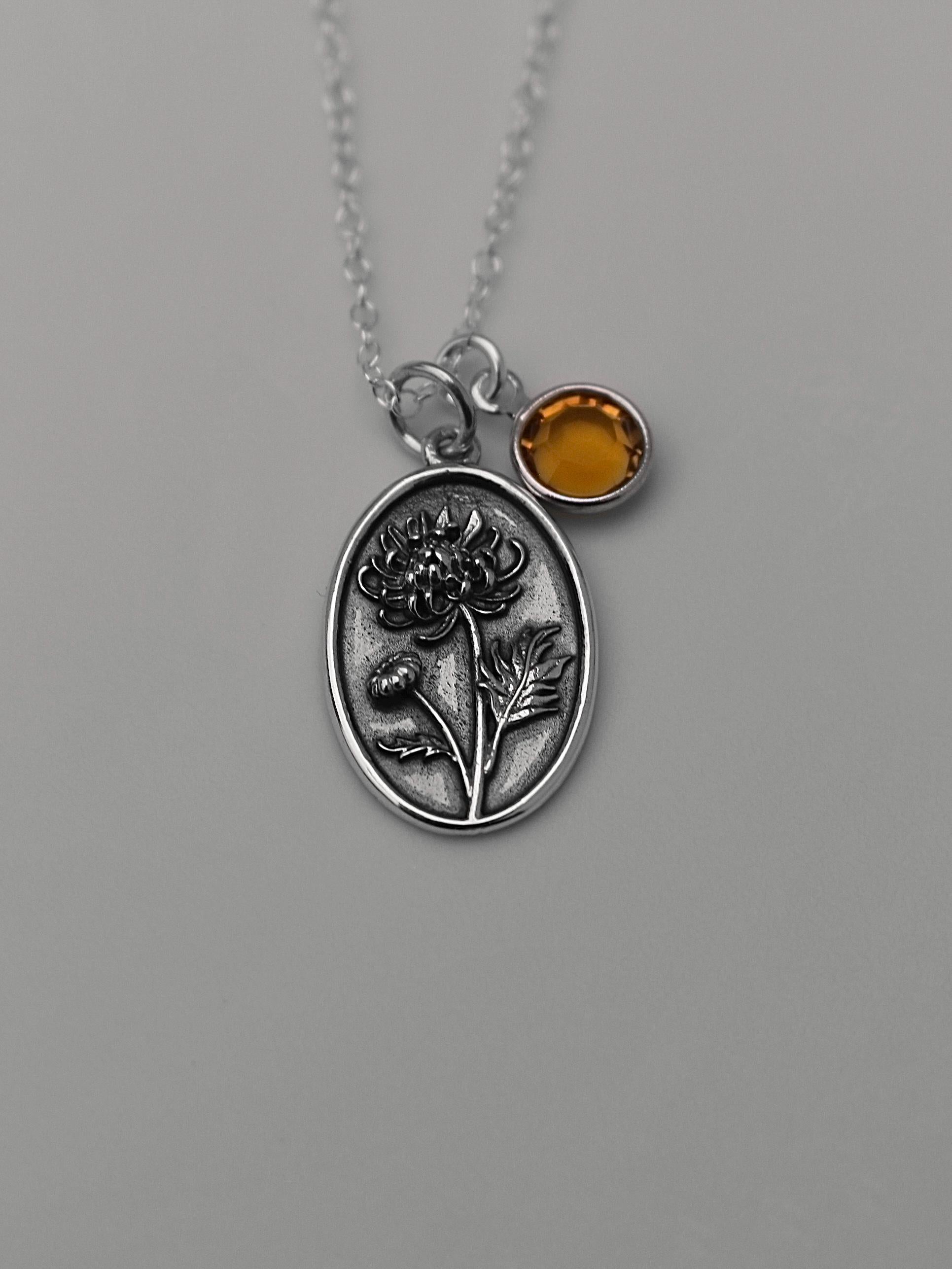 November Birth Flower Necklace Medallion | Birth Flower Jewelry | Chrysanthemum | Birth Month Flower | Birthstone Necklace | Friend Birthday