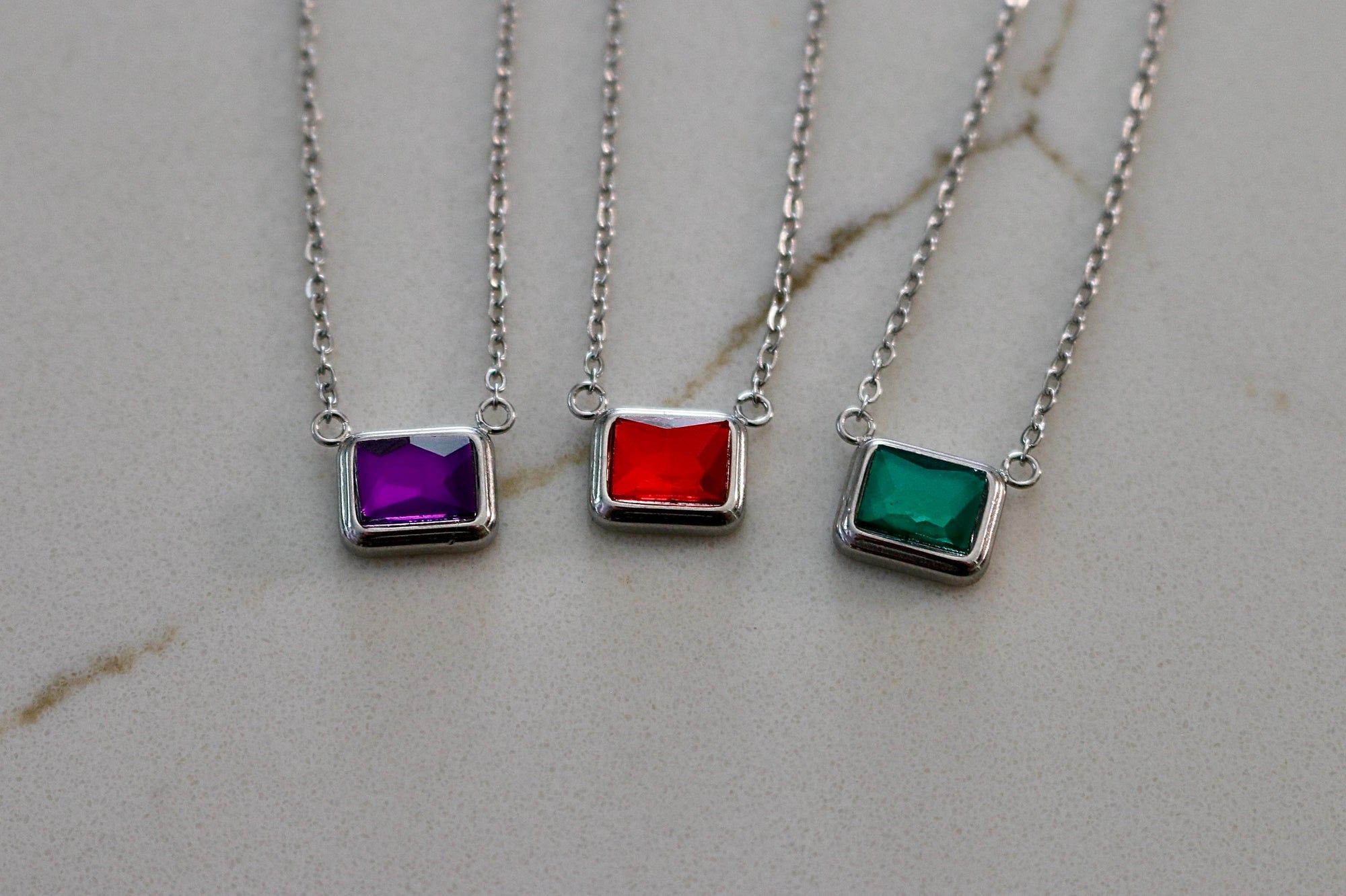 Silver Emerald Cut Birthstone Necklace | Stainless Steel Birth Stone | Personalized Birth Month Gift for Her | | Everyday Birthstone Jewelry