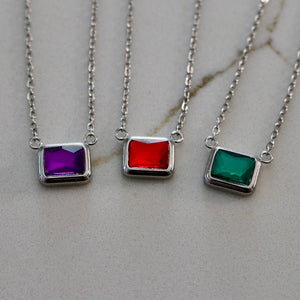 Silver Emerald Cut Birthstone Necklace | Stainless Steel Birth Stone | Personalized Birth Month Gift for Her | | Everyday Birthstone Jewelry