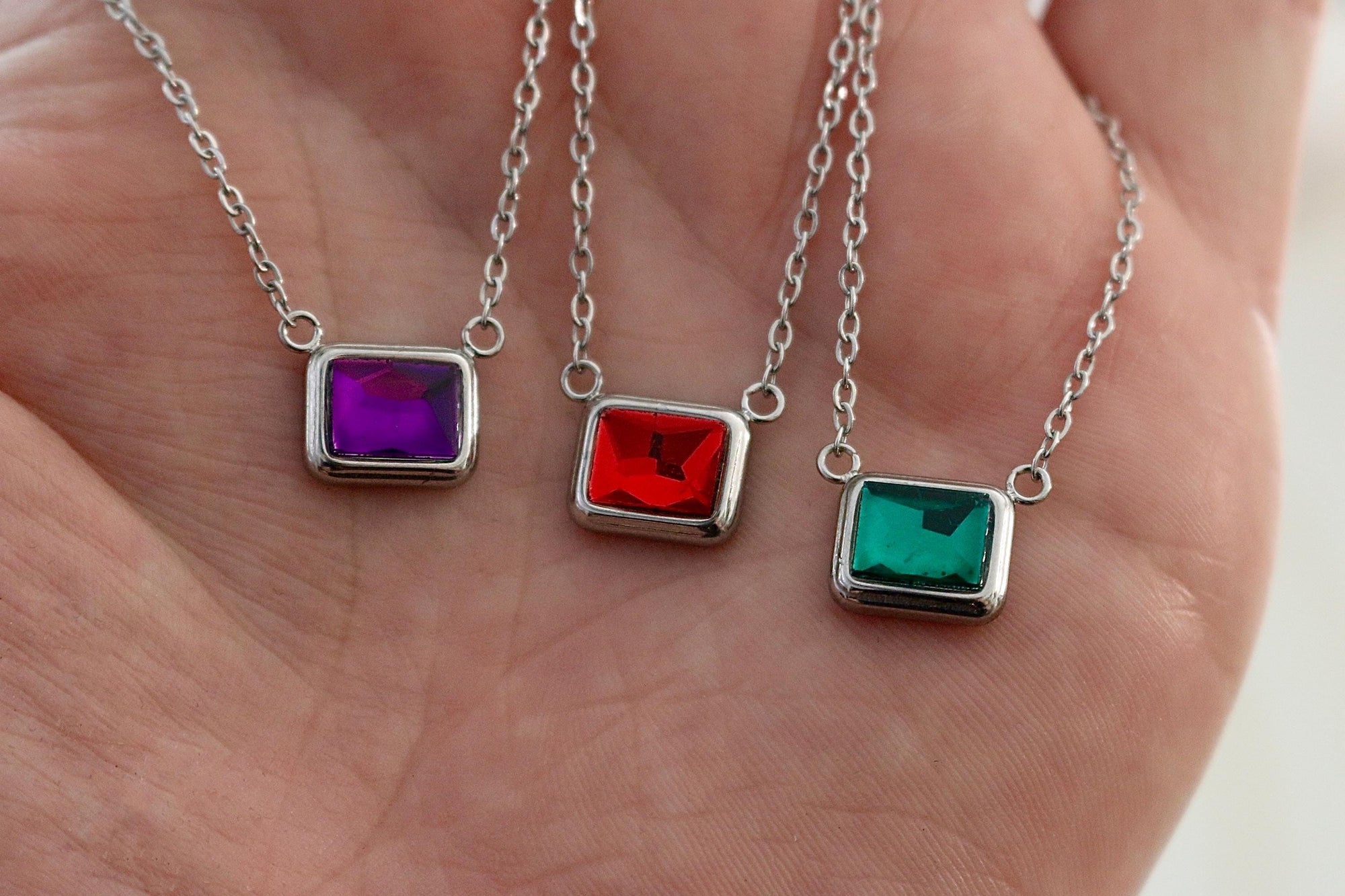 Silver Emerald Cut Birthstone Necklace | Stainless Steel Birth Stone | Personalized Birth Month Gift for Her | | Everyday Birthstone Jewelry