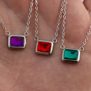 Silver Emerald Cut Birthstone Necklace | Stainless Steel Birth Stone | Personalized Birth Month Gift for Her | | Everyday Birthstone Jewelry