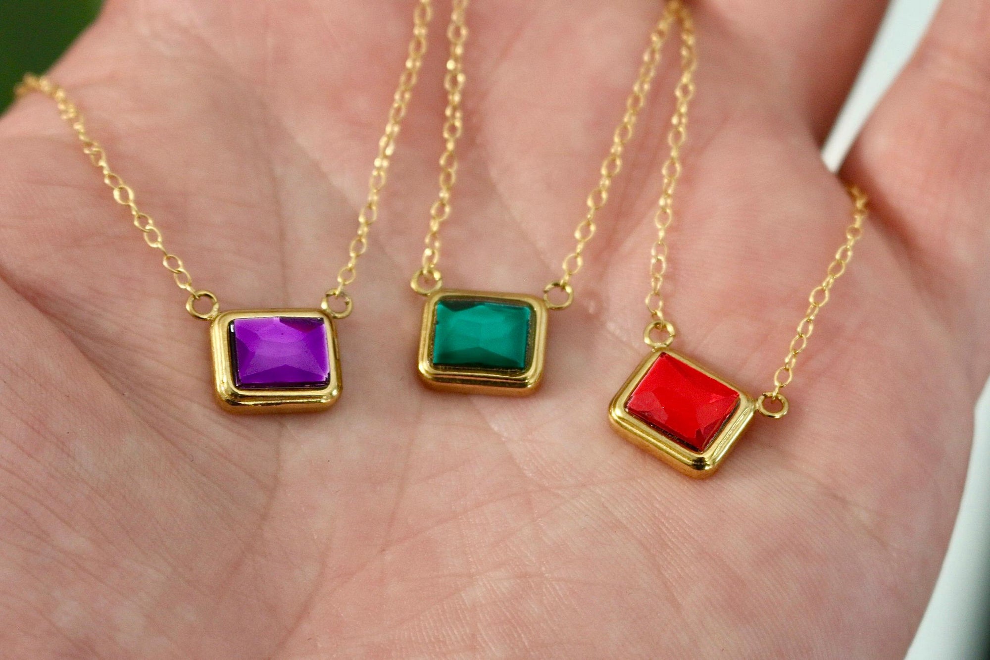 Gold Emerald Cut Birthstone Necklace | Gold Birthstone Necklace | Personalized Birth Month Gift for Her | Dainty Crystal | Everyday Jewelry