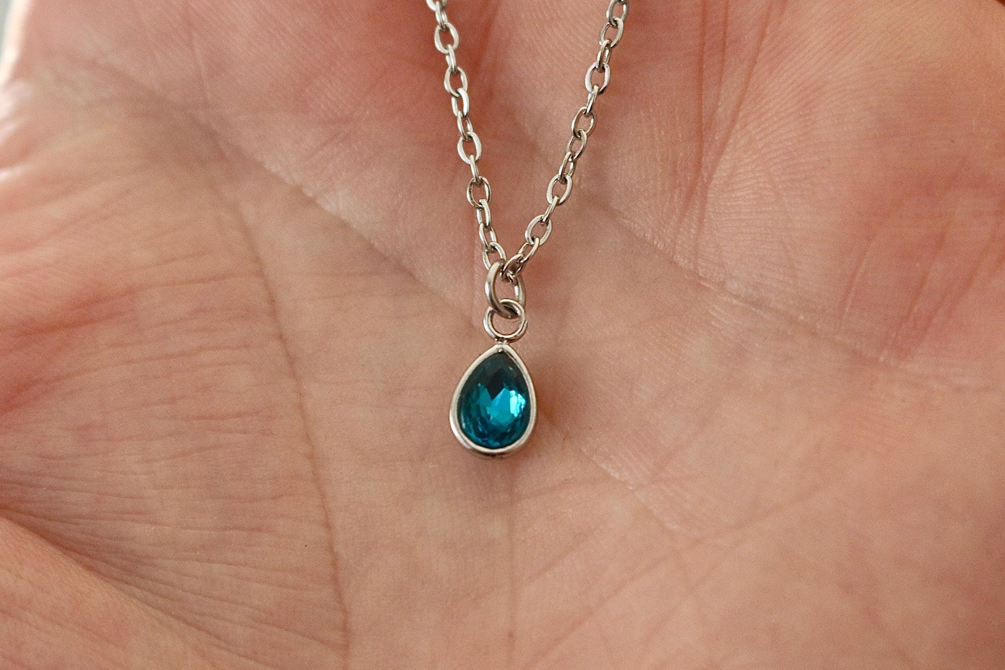 Silver Pear Shaped Birthstone Necklace | Dainty Silver Teardrop Pendant | Stainless Steel Custom Birth Month Gift for Her | Everyday Jewelry