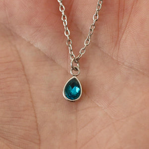 Silver Pear Shaped Birthstone Necklace | Dainty Silver Teardrop Pendant | Stainless Steel Custom Birth Month Gift for Her | Everyday Jewelry