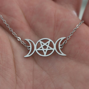 Silver Triple Moon Goddess Pentagram Necklace | Goddess Symbol | Wiccan Witchcraft Jewelry | Esoteric Pagan Gift | Witchy Occult Necklace