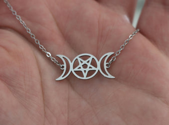 Silver Triple Moon Goddess Pentagram Necklace | Goddess Symbol | Wiccan Witchcraft Jewelry | Esoteric Pagan Gift | Witchy Occult Necklace