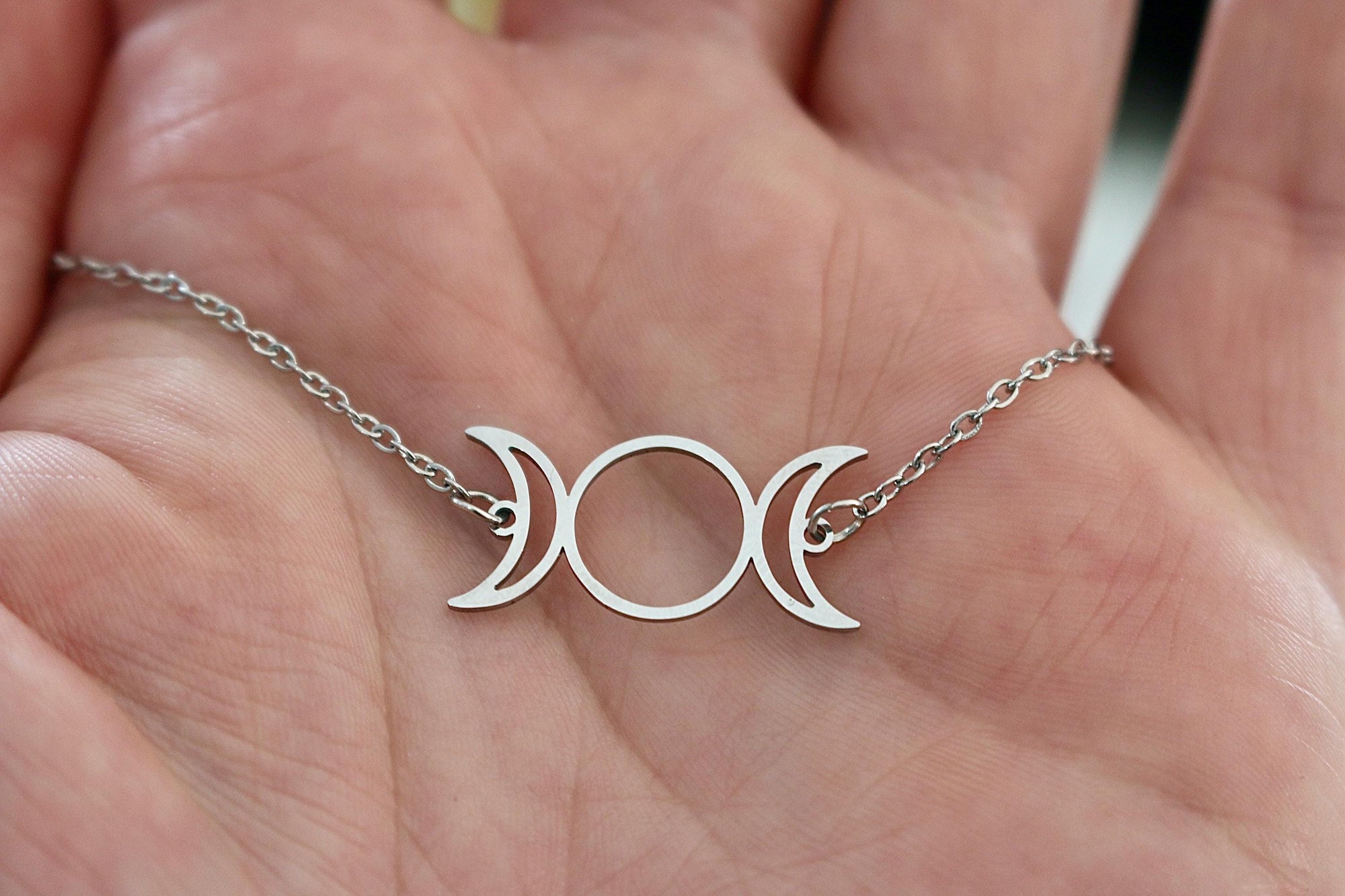 Silver Triple Moon Goddess Necklace | Silver Wiccan Jewelry | Pagan Lunar Symbol | Witchy Esoteric Gift | Occult Lunar Phase | Mystical