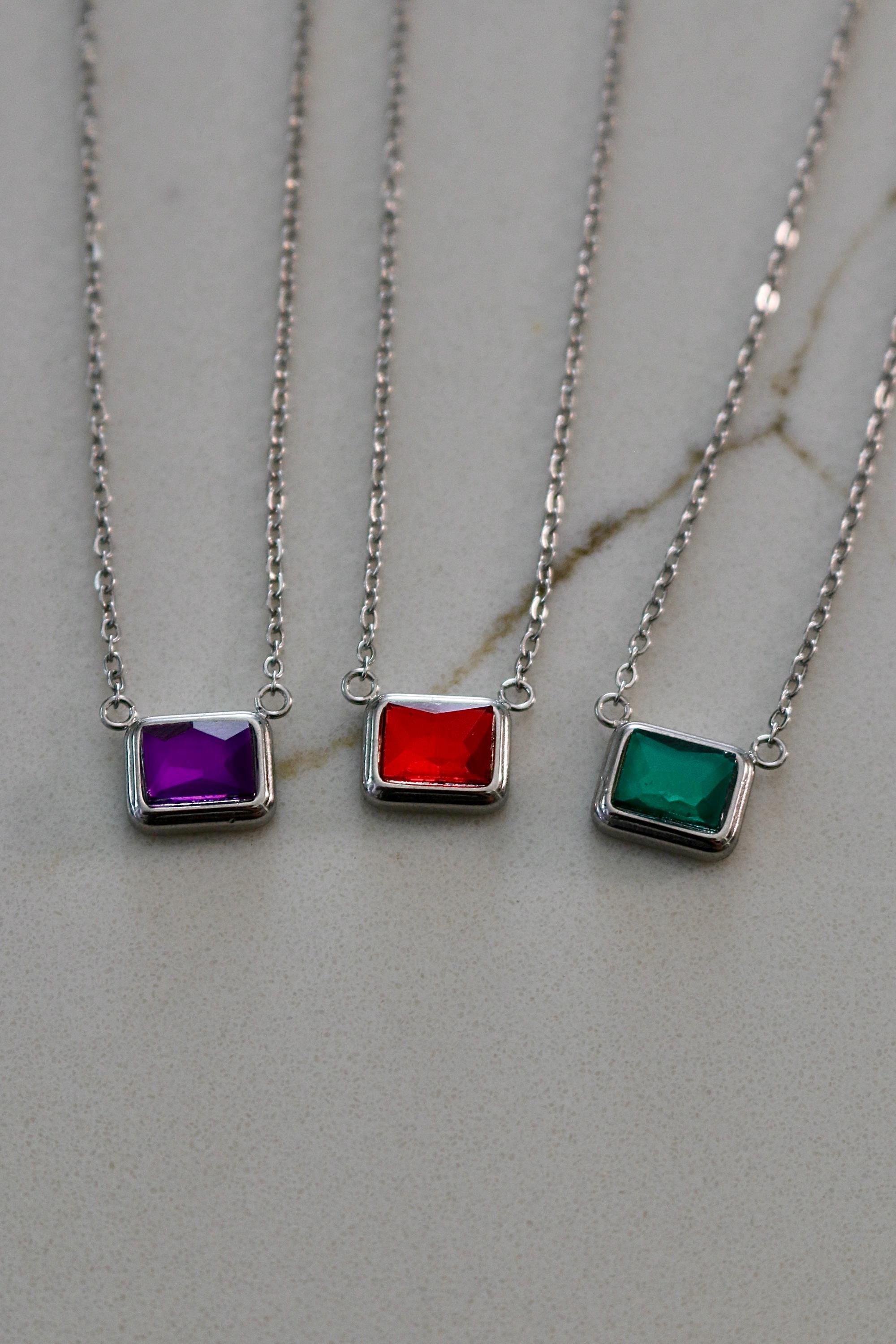 Silver Emerald Cut Birthstone Necklace | Stainless Steel Birth Stone | Personalized Birth Month Gift for Her | | Everyday Birthstone Jewelry