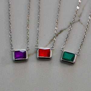 Silver Emerald Cut Birthstone Necklace | Stainless Steel Birth Stone | Personalized Birth Month Gift for Her | | Everyday Birthstone Jewelry